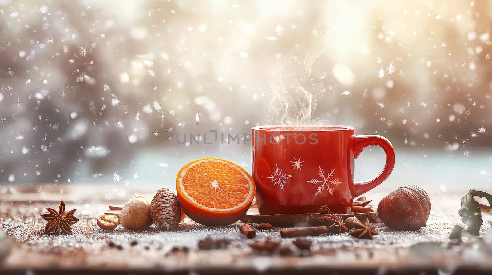 A vibrant and inviting scene featuring a steaming red coffee mug on a rustic wooden table, surrounded by winter spices like star anise, acorns, and fresh orange halves. Snow falls softly in the white background, creating a warm and cozy winter ambiance.