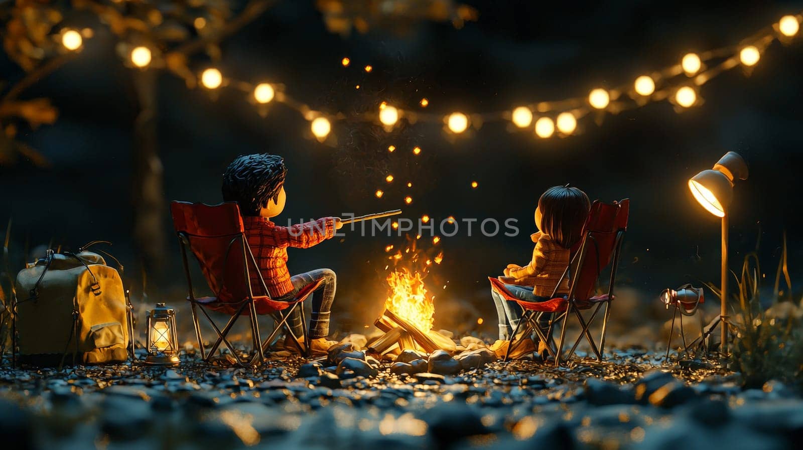 A detailed 3D rendering capturing a cozy campsite setup with a miniature man and woman seated on folding chairs. The man with black hair is tending the campfire in front of him, holding a stick, while a small lamp and string lights create a warm ambiance around the campsite. The background is dark, accentuating the soft glow of the lights and camping equipment, creating a serene outdoor scene in the style of product photography.
