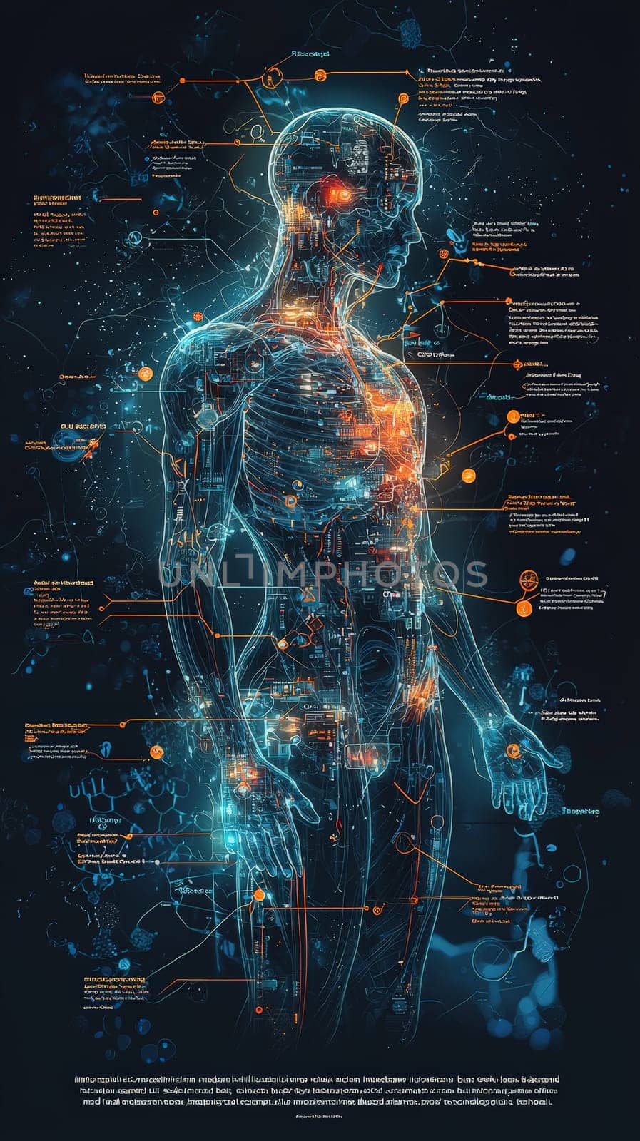 A stylized, high-tech infographic depicting the integration of micro-sensors into the human body, presented in an x-ray-inspired, semi-transparent view. The human figure is shown in cool blue and teal tones with visible skeletal and musculature overlays. Each micro-sensor, detailed as miniature circuit boards, is positioned to align with specific senses like sight, hearing, touch, and more, connected to labeled body parts by thin, orange and yellow lines. The clean, modern design resembles scientific medical illustration, capturing both the complexity and functionality of sensor integration in an informative and visually engaging way.