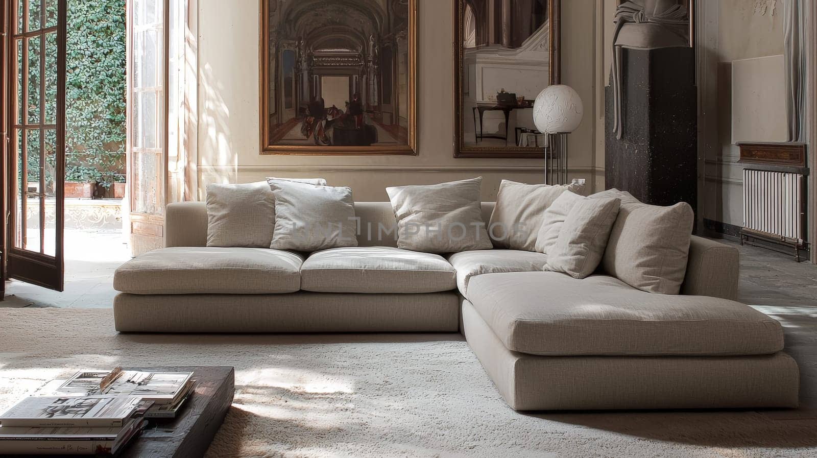 A beautifully designed U-shaped beige sofa with plush fabrics sits atop a fine, high-quality carpet, surrounded by light beige and white décor elements. The room is bathed in natural sunlight, casting warm tones that enhance the modern and elegant atmosphere. The scene captures simplicity, sophistication, and realistic details that highlight the refined, cozy style of the space.