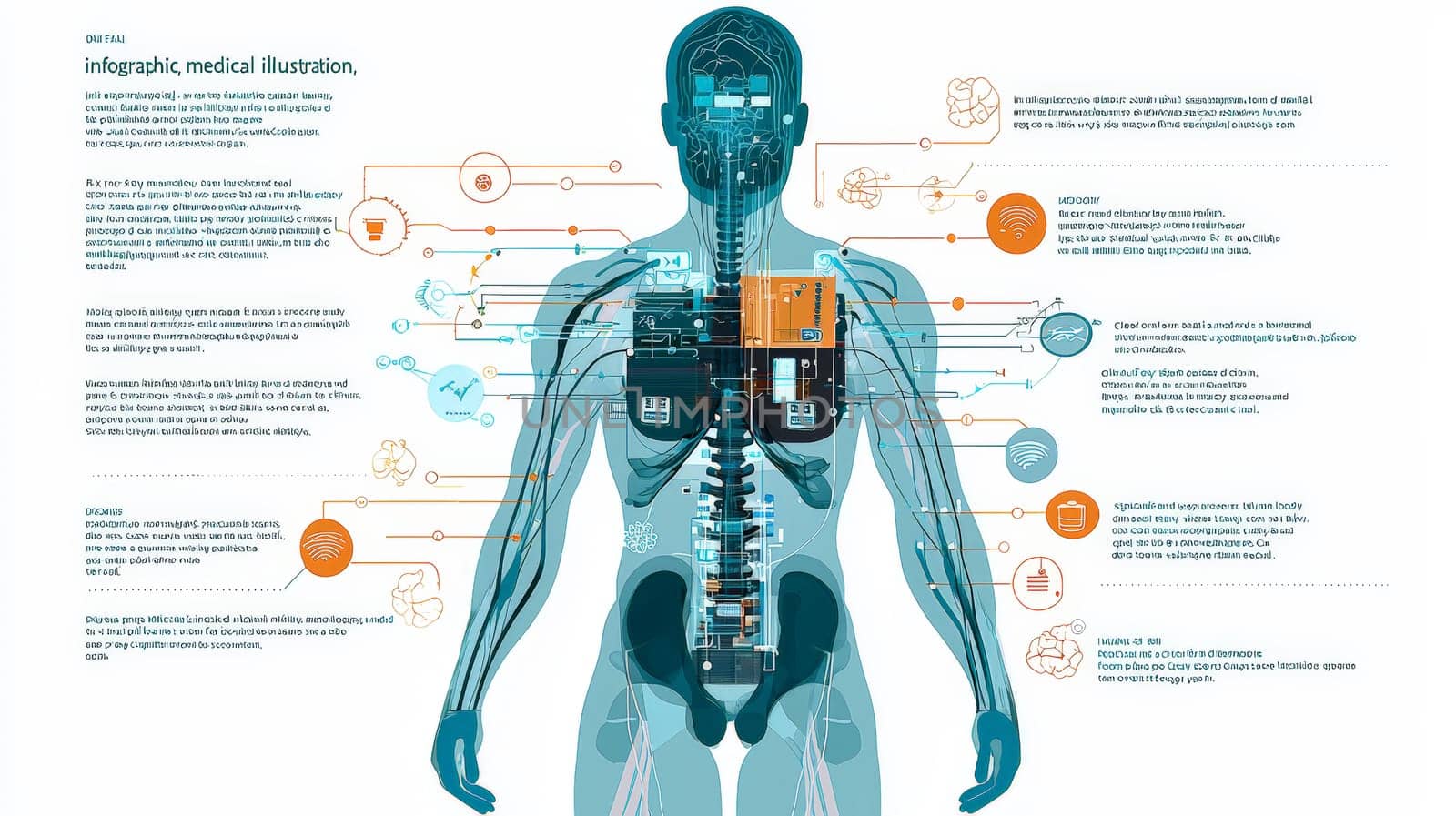 A stylized, high-tech infographic depicting the integration of micro-sensors into the human body, presented in an x-ray-inspired, semi-transparent view. The human figure is shown in cool blue and teal tones with visible skeletal and musculature overlays. Each micro-sensor, detailed as miniature circuit boards, is positioned to align with specific senses like sight, hearing, touch, and more, connected to labeled body parts by thin, orange and yellow lines. The clean, modern design resembles scientific medical illustration, capturing both the complexity and functionality of sensor integration in an informative and visually engaging way.
