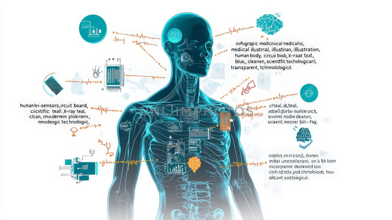 A stylized, high-tech infographic depicting the integration of micro-sensors into the human body, presented in an x-ray-inspired, semi-transparent view. The human figure is shown in cool blue and teal tones with visible skeletal and musculature overlays. Each micro-sensor, detailed as miniature circuit boards, is positioned to align with specific senses like sight, hearing, touch, and more, connected to labeled body parts by thin, orange and yellow lines. The clean, modern design resembles scientific medical illustration, capturing both the complexity and functionality of sensor integration in an informative and visually engaging way.