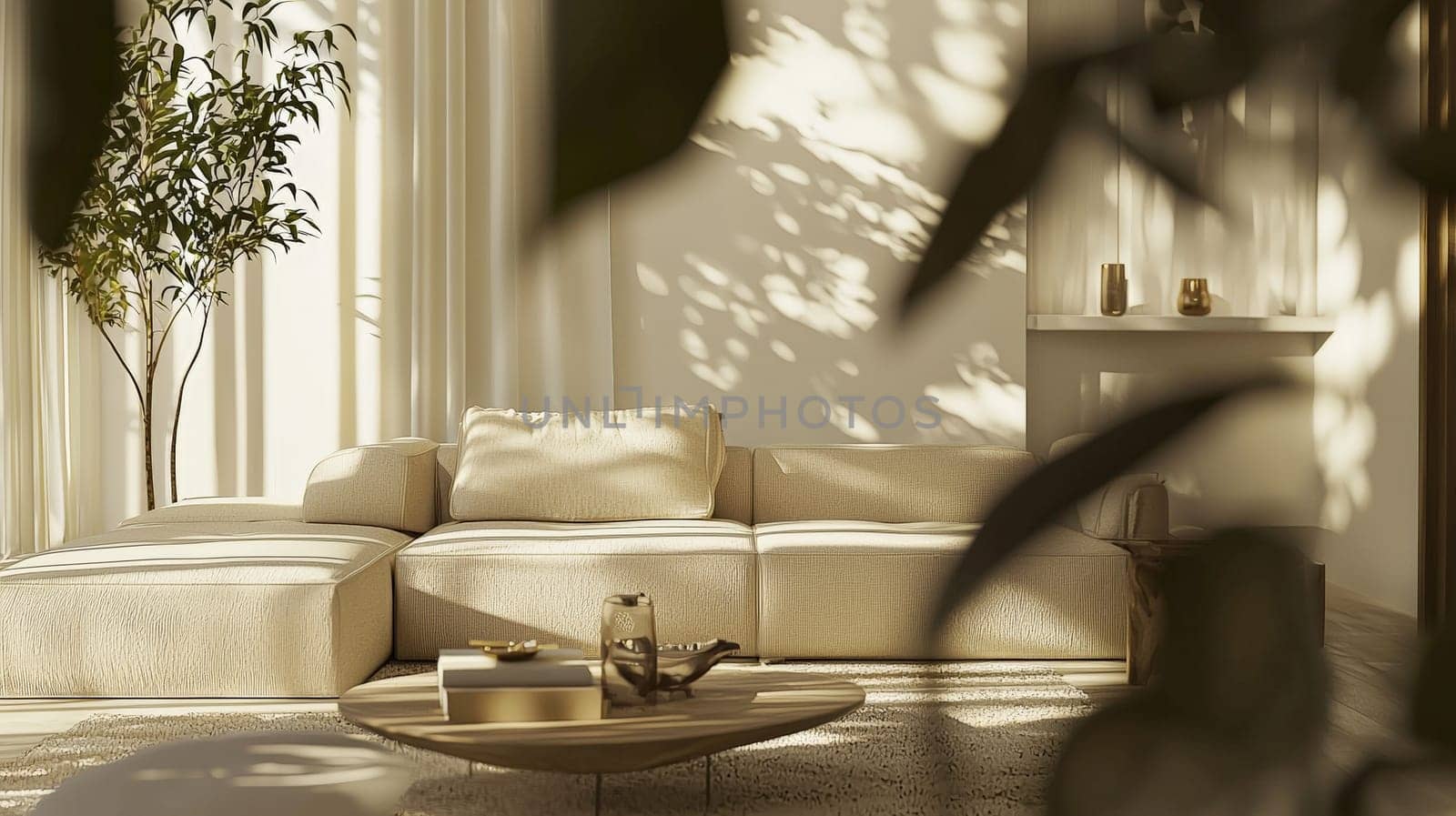 A beautifully designed U-shaped beige sofa with plush fabrics sits atop a fine, high-quality carpet, surrounded by light beige and white décor elements. The room is bathed in natural sunlight, casting warm tones that enhance the modern and elegant atmosphere. The scene captures simplicity, sophistication, and realistic details that highlight the refined, cozy style of the space.