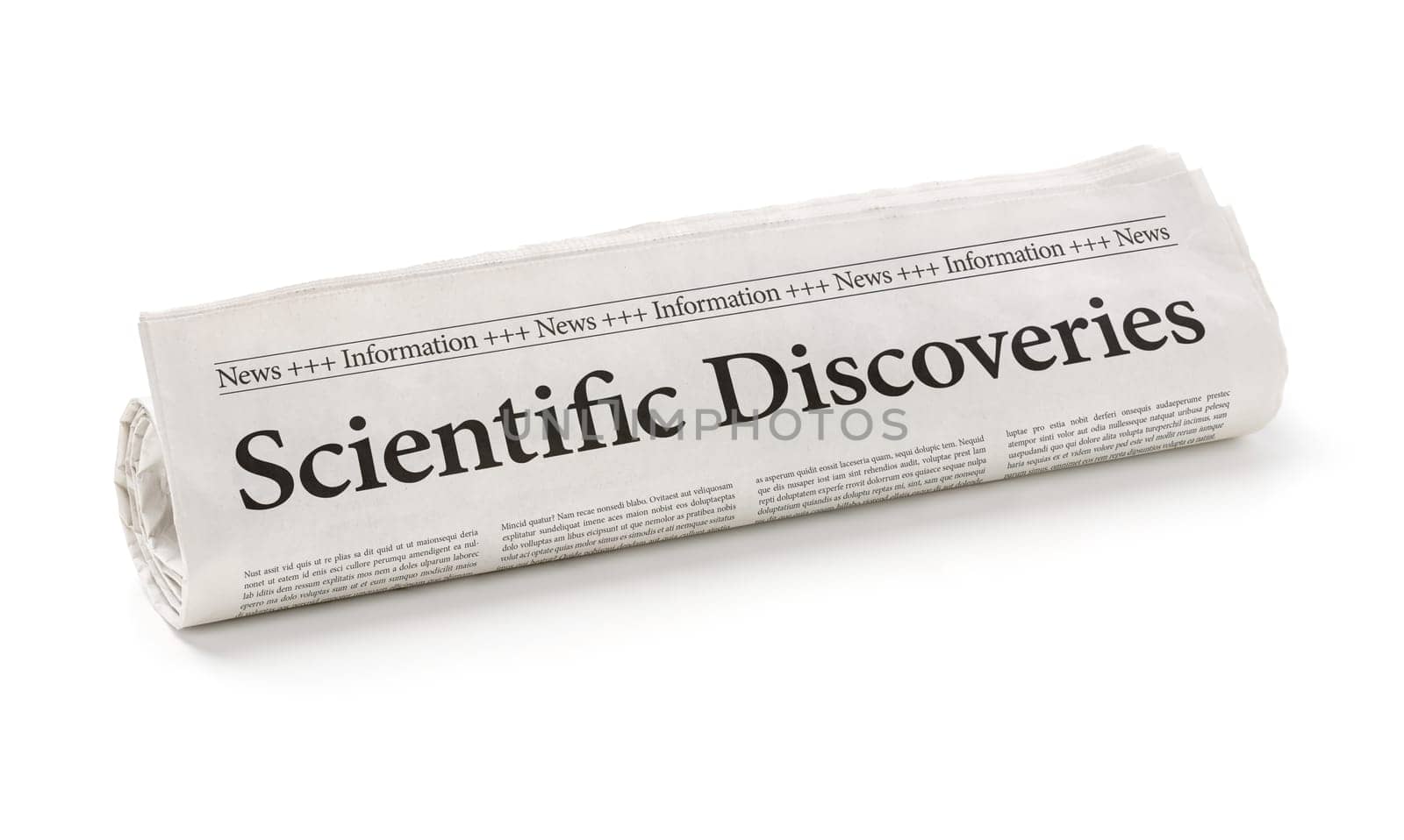 Rolled newspaper with the headline Scientific Discoveries