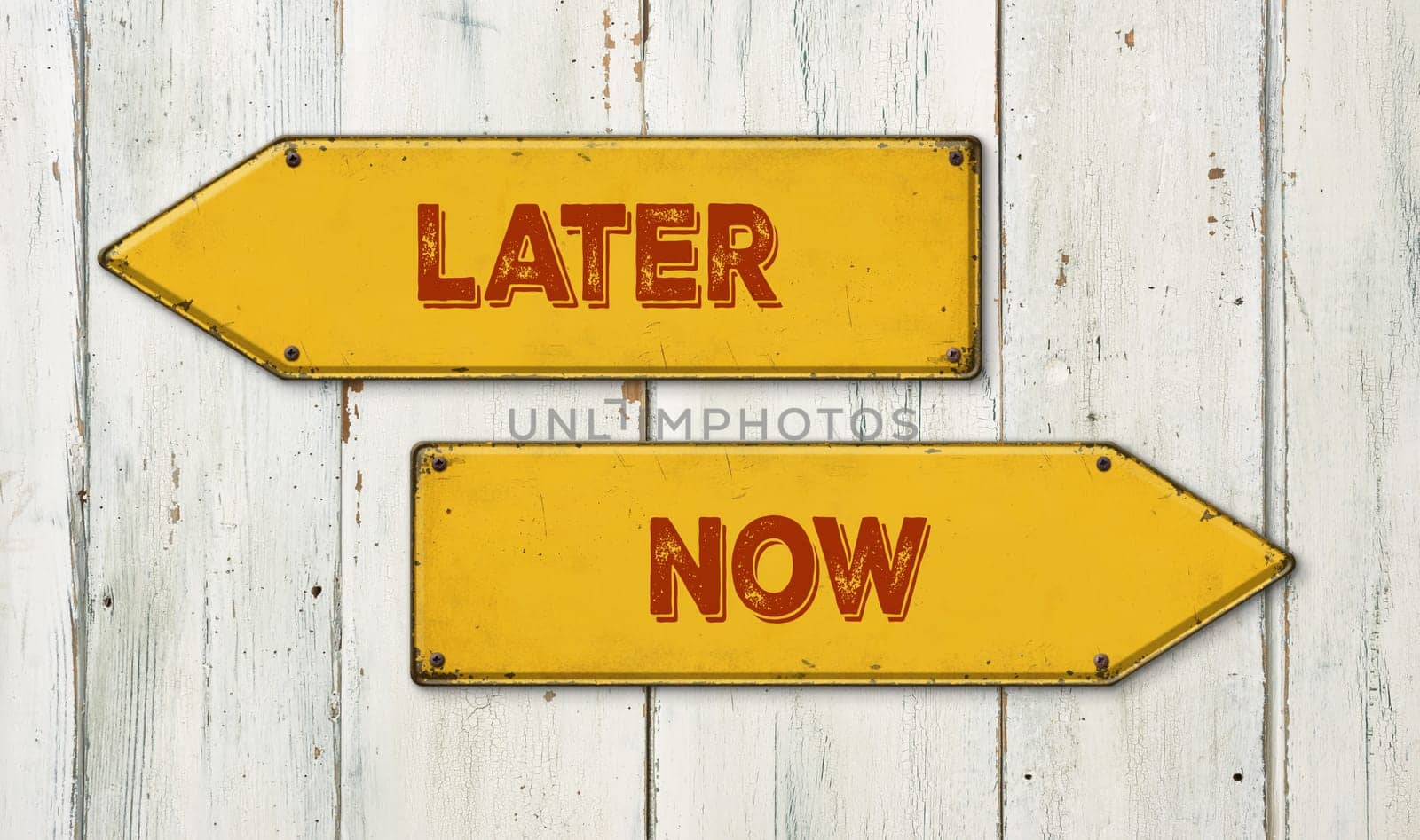 Direction signs on a wooden wall - Later or Now