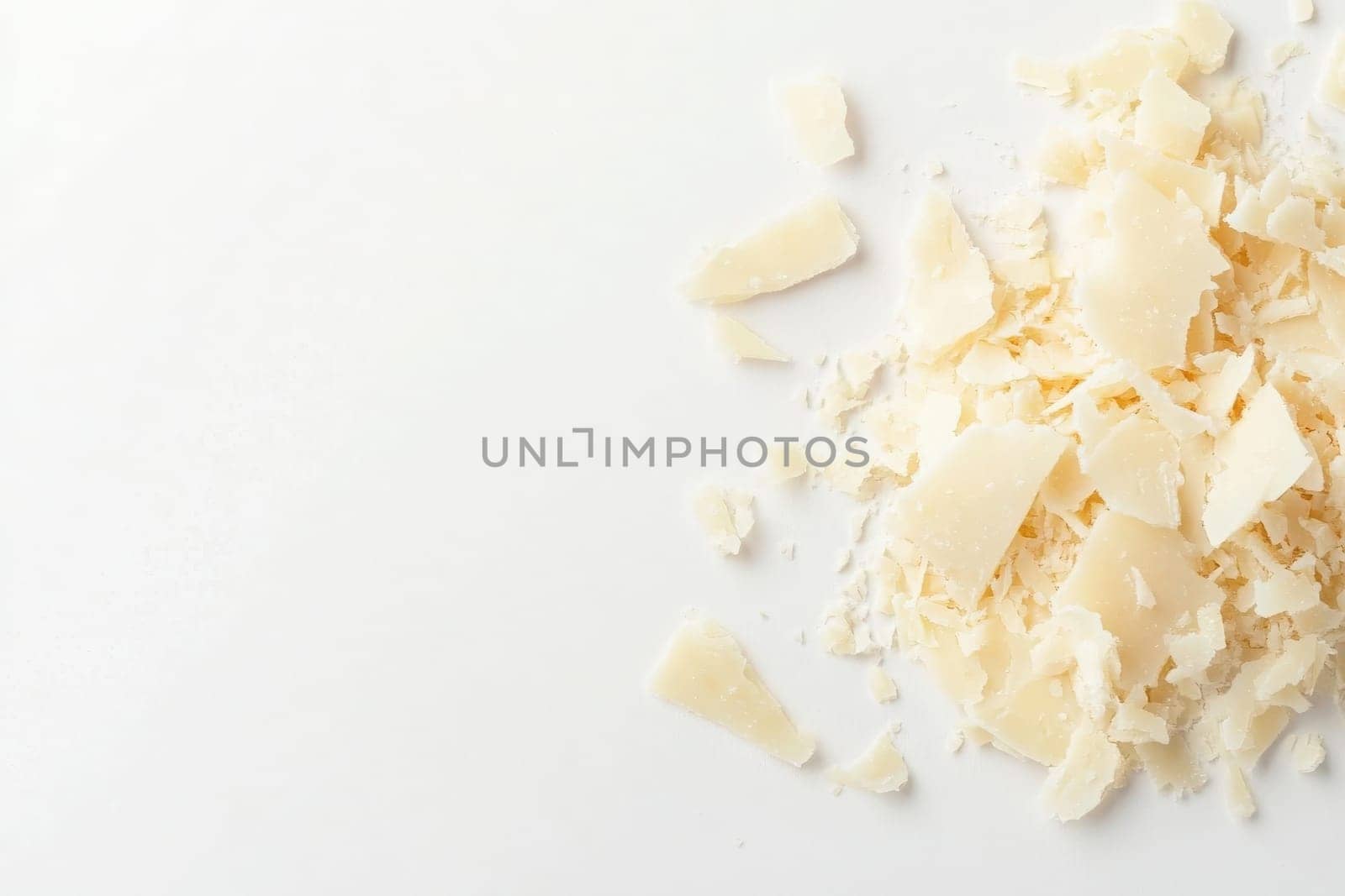 Delicate shavings of Parmesan cheese are artfully arranged on a clean white surface, perfect for enhancing various dishes. These flavorful shavings can elevate salads, pastas, and more.