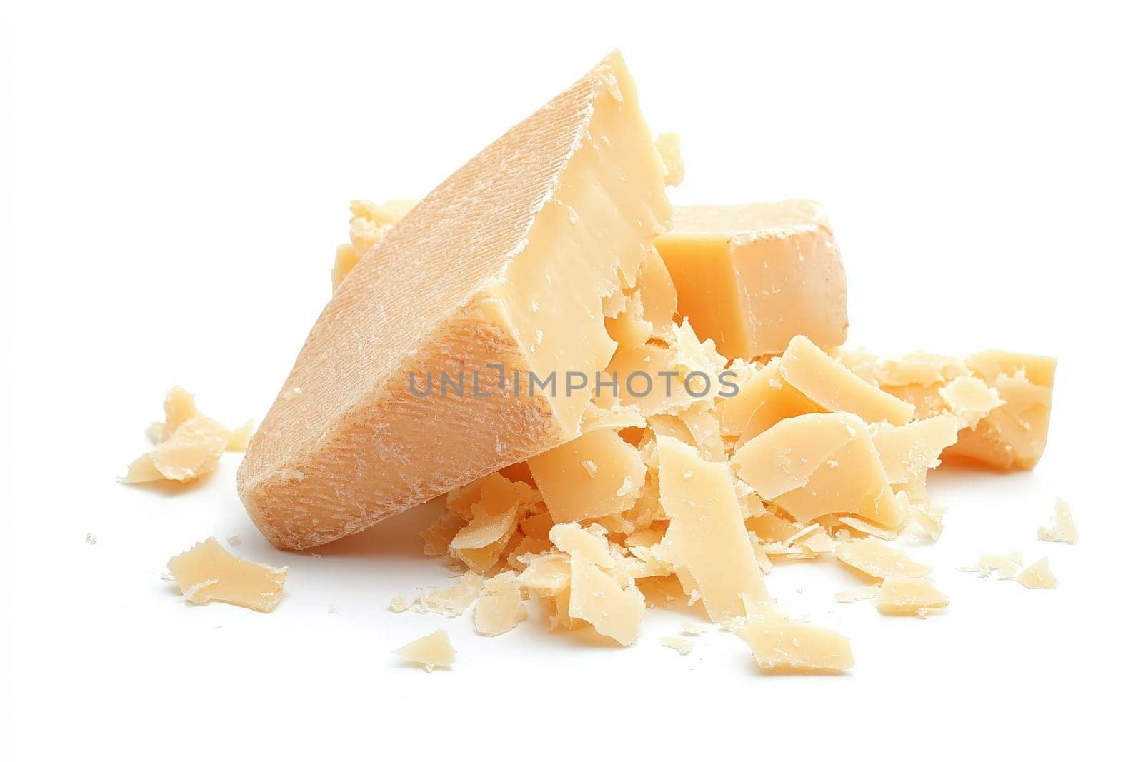 Delicate shavings of Parmesan cheese are artfully scattered on a plain white background, showcasing their rich color and texture.