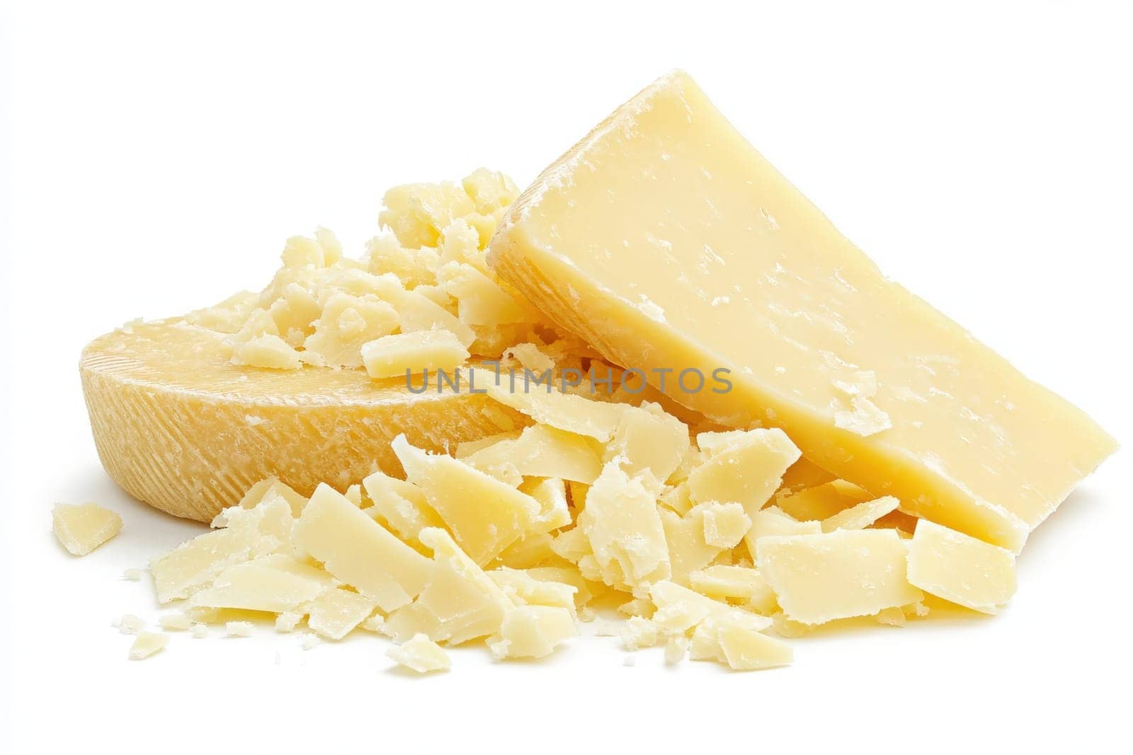 Delicate shavings of Parmesan cheese are artfully arranged on a clean white surface, ideal for enhancing dishes. The cheese displays its rich texture and flavor, inviting culinary creativity.
