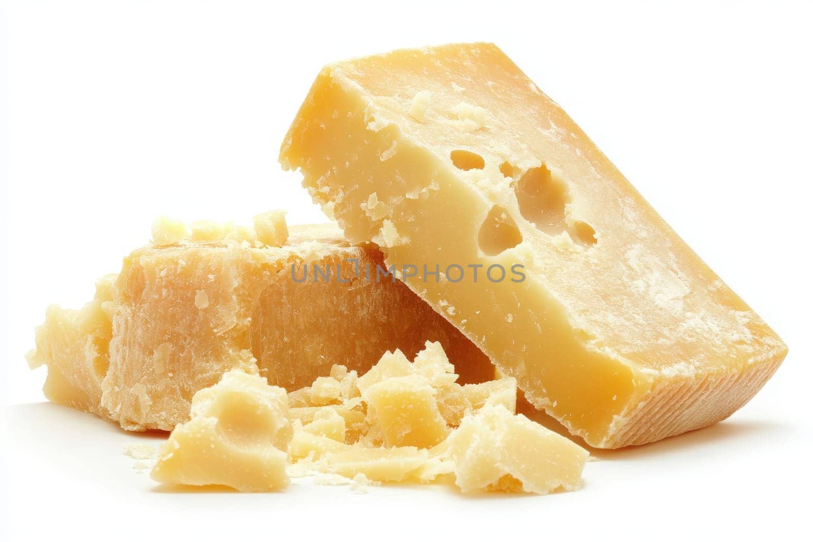 Delicate shavings of Parmesan cheese are artfully arranged alongside larger chunks, showcasing the rich texture and color of this beloved cheese, ideal for enhancing a variety of dishes.