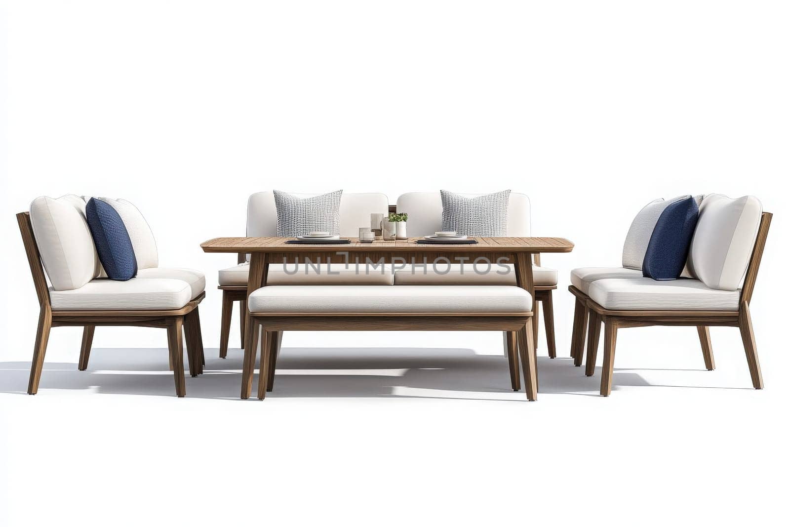A stylish outdoor dining set features a wooden table surrounded by cushioned chairs, designed for casual gatherings. Perfect for enjoying meals in a backyard or patio setting.