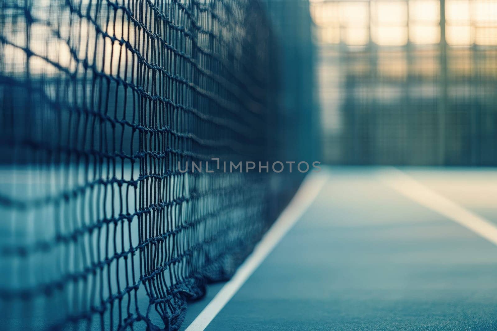 A padel net stands prominently on a clean court, creating an inviting atmosphere for players. The calm afternoon light enhances the setting, perfect for match play.