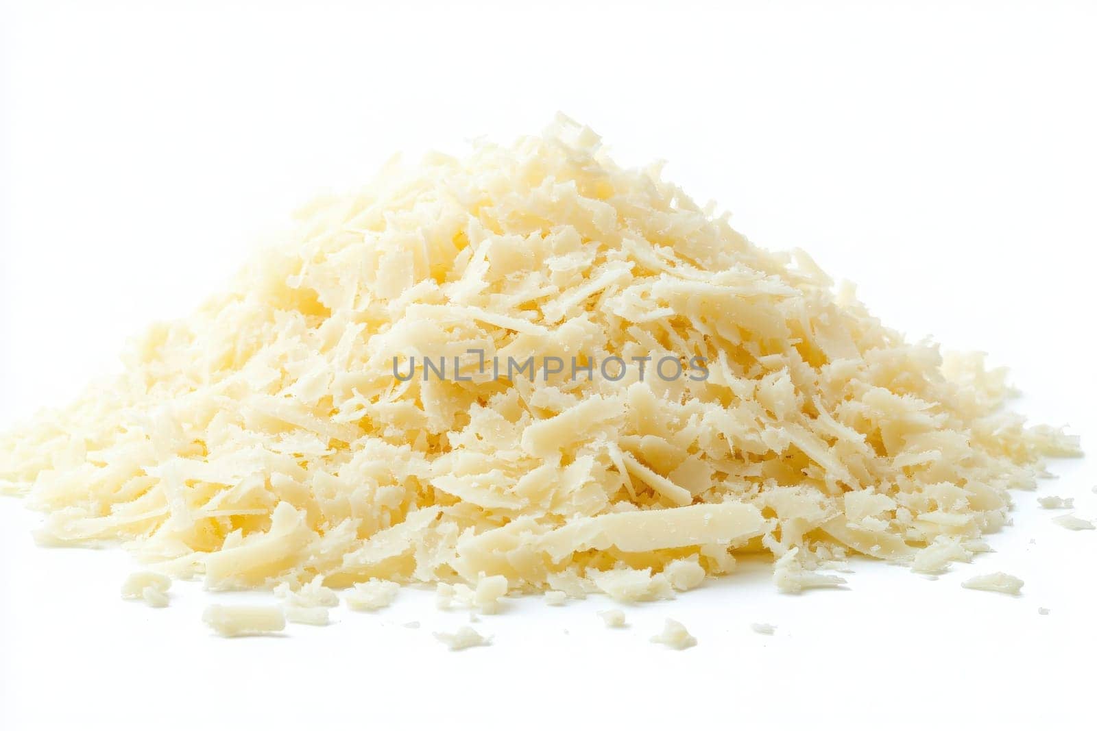 Shavings of Parmesan cheese rest in a central pile against a white backdrop, showcasing their texture and color, ideal for enhancing dishes like pasta, salads, and gourmet recipes.
