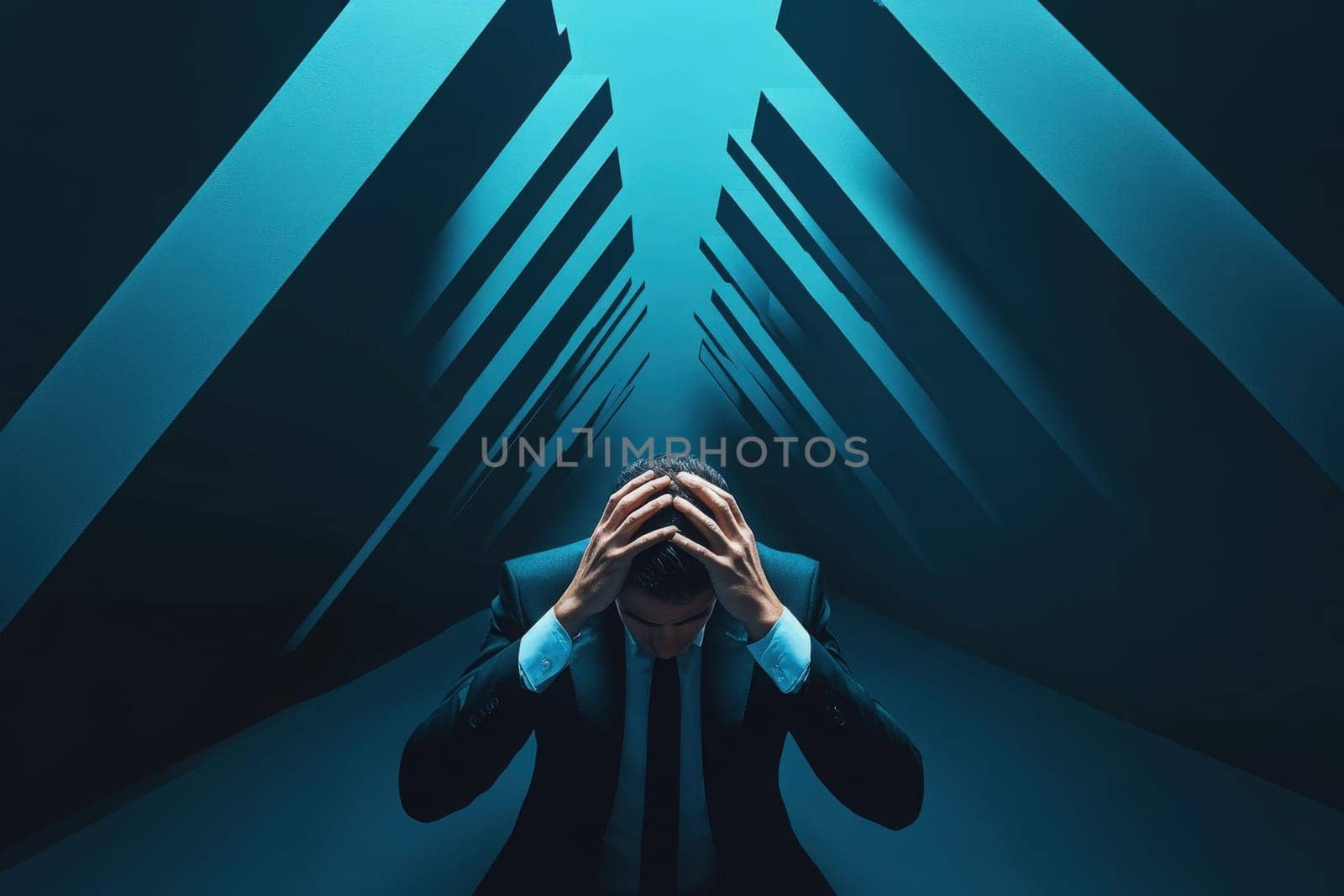An investor is seen with their head in their hands, displaying signs of panic and stress.