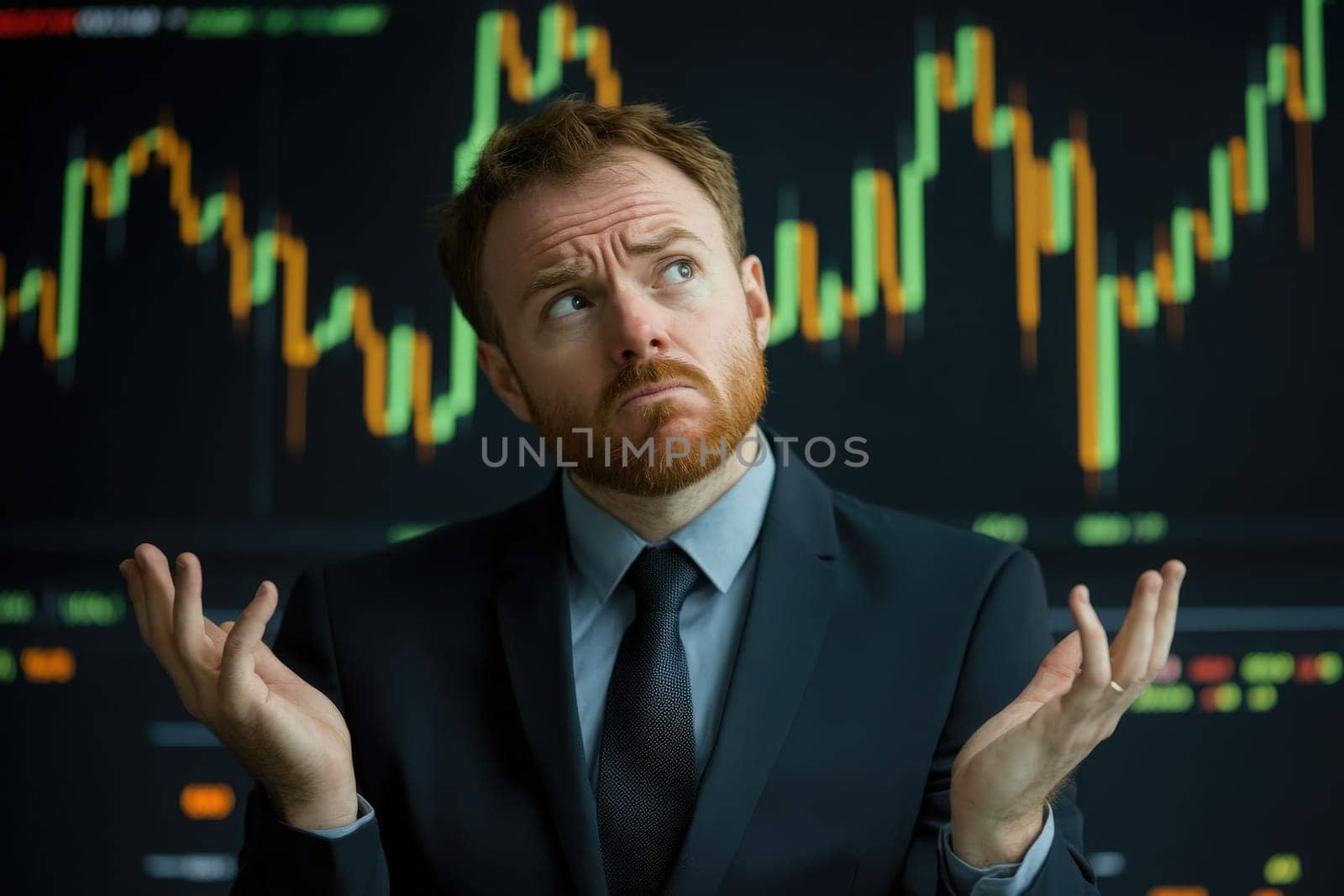In a moment of anxiety, a trader in a business suit expresses confusion and concern over volatile market trends, feeling the pressure of financial decisions during trading hours.