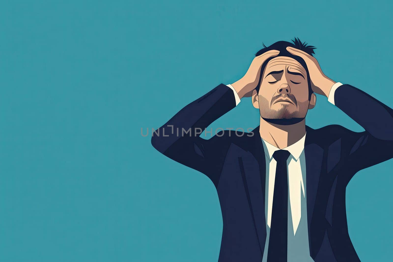 A distressed investor in formal attire clutches his head in anguish, reflecting anxiety over market fluctuations. The solid color background emphasizes his emotional turmoil.