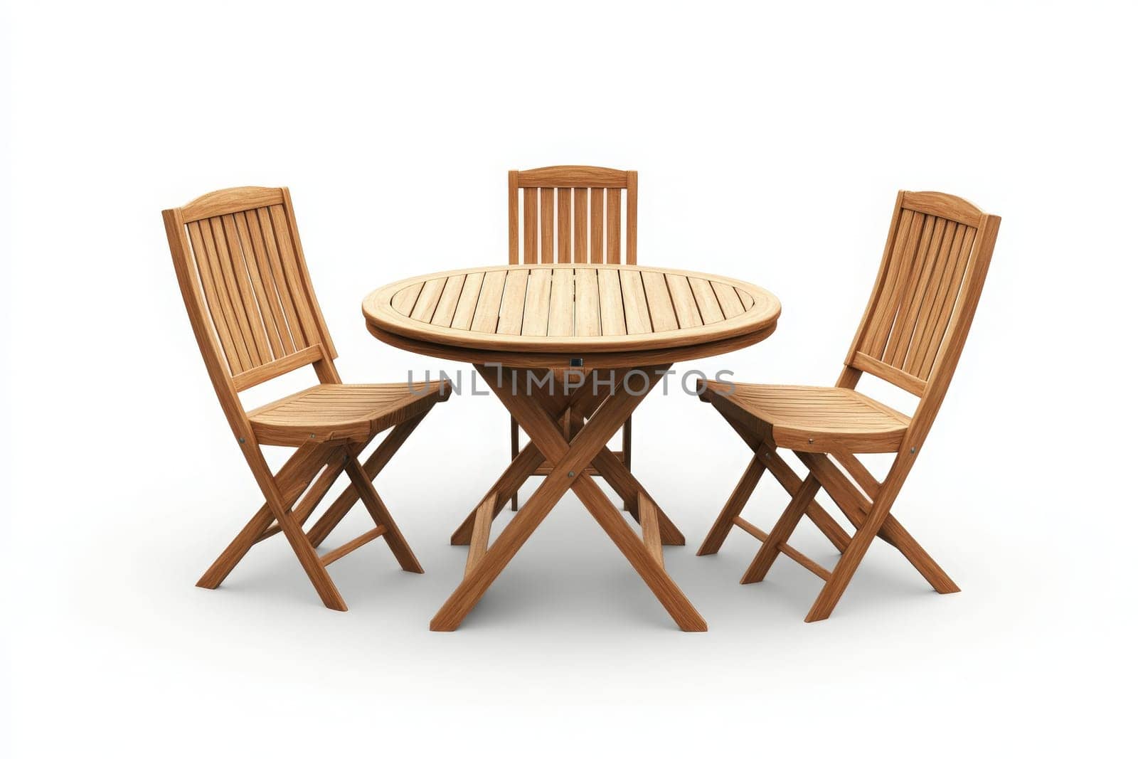 This outdoor dining set showcases a round wooden table surrounded by three matching folding chairs, perfect for al fresco meals in a bright and inviting atmosphere.