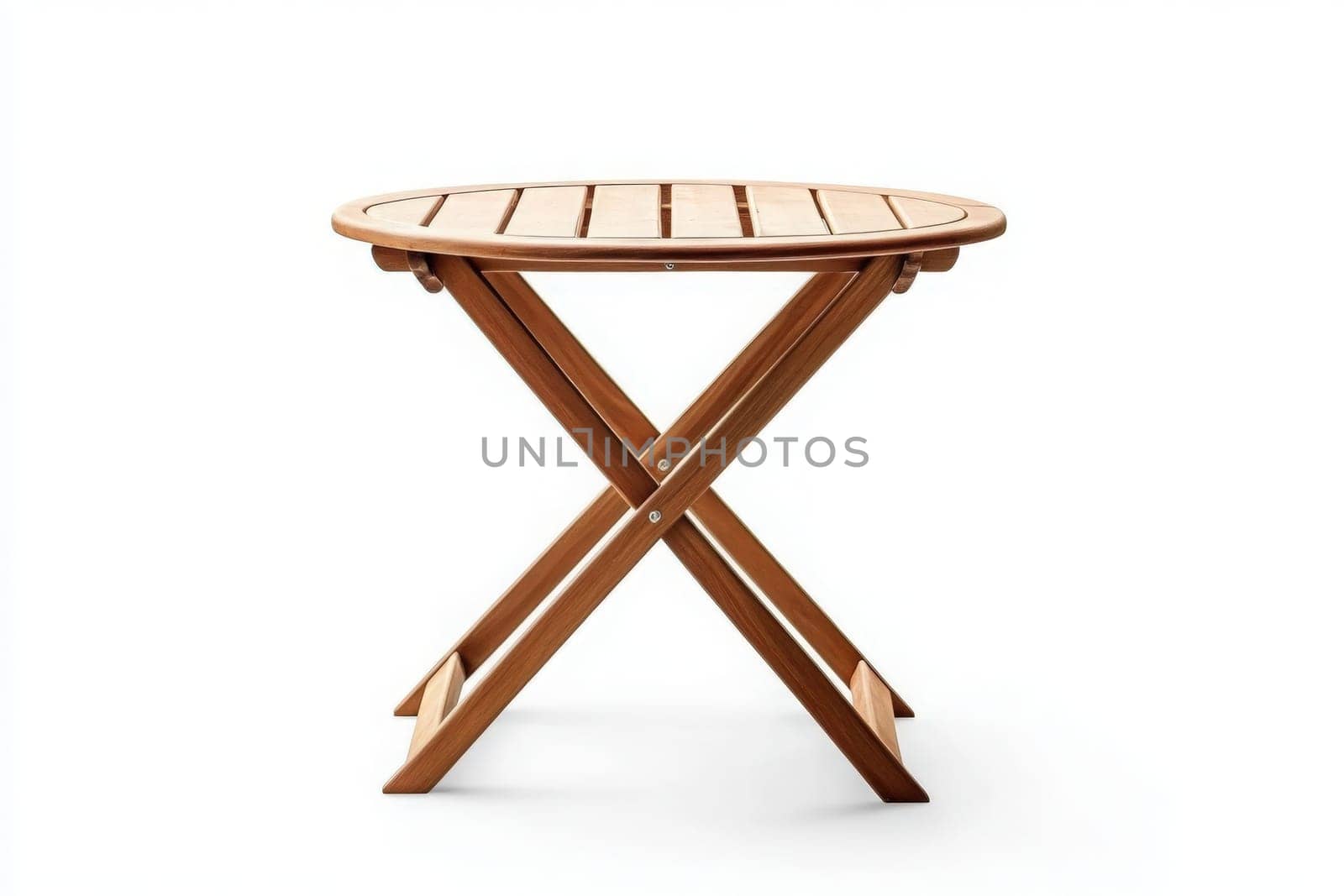 A round wooden patio table stands alone against a white backdrop. Its slatted top and crossed legs suggest a comfortable outdoor setting perfect for gatherings or relaxation.