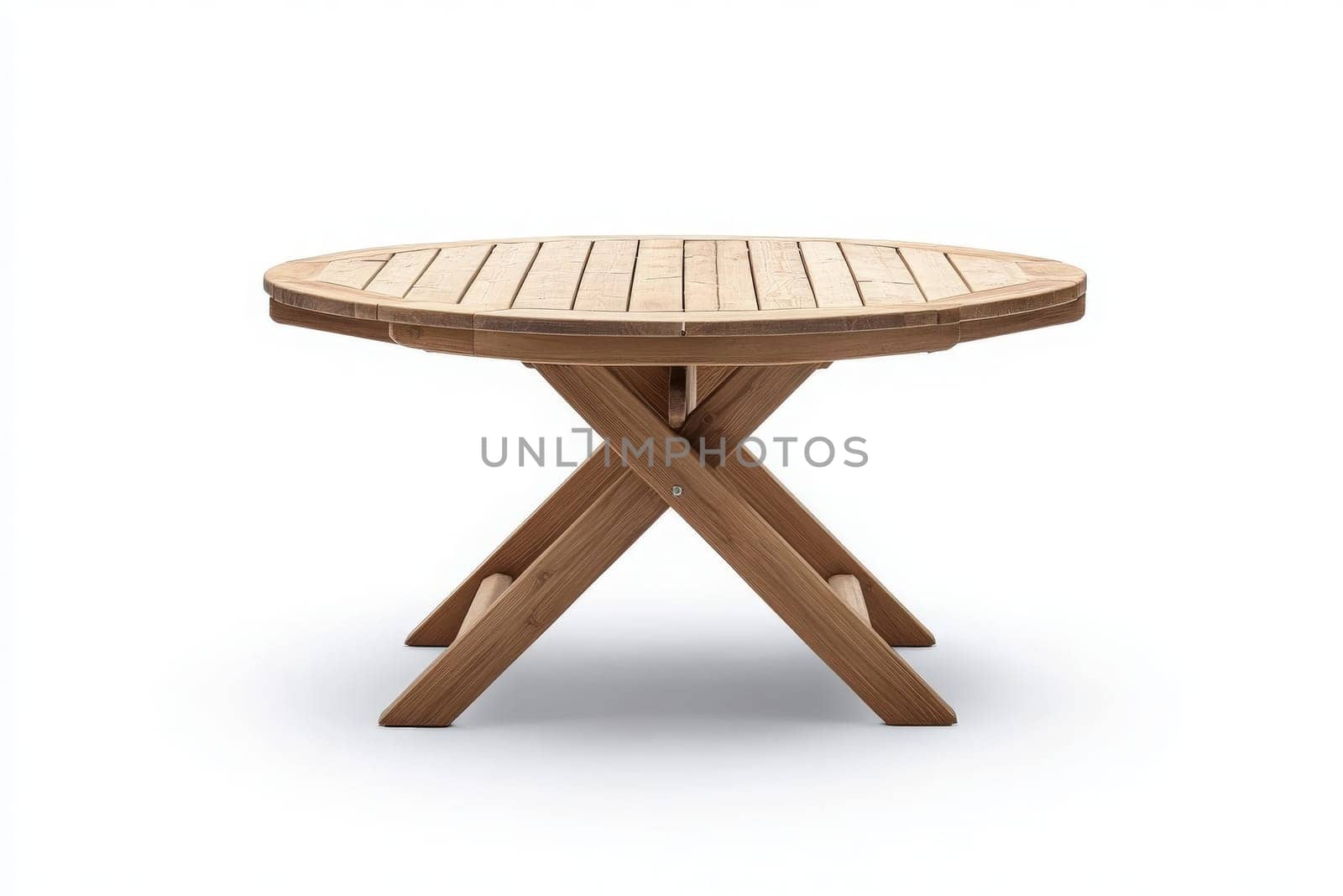 The wooden patio table features a round top and sturdy crossed legs, exuding a minimalist charm. Its design is perfect for outdoor dining or enjoying leisure moments in a sunlit area.