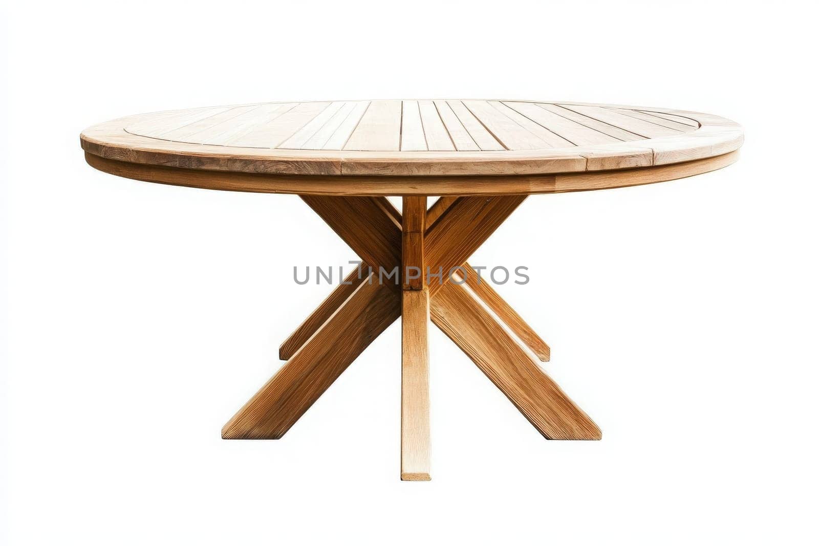 A stylish, round wooden patio table stands alone, showcasing its smooth surface and sturdy legs, perfect for outdoor gatherings. It invites relaxing meals and summer celebrations in nature.