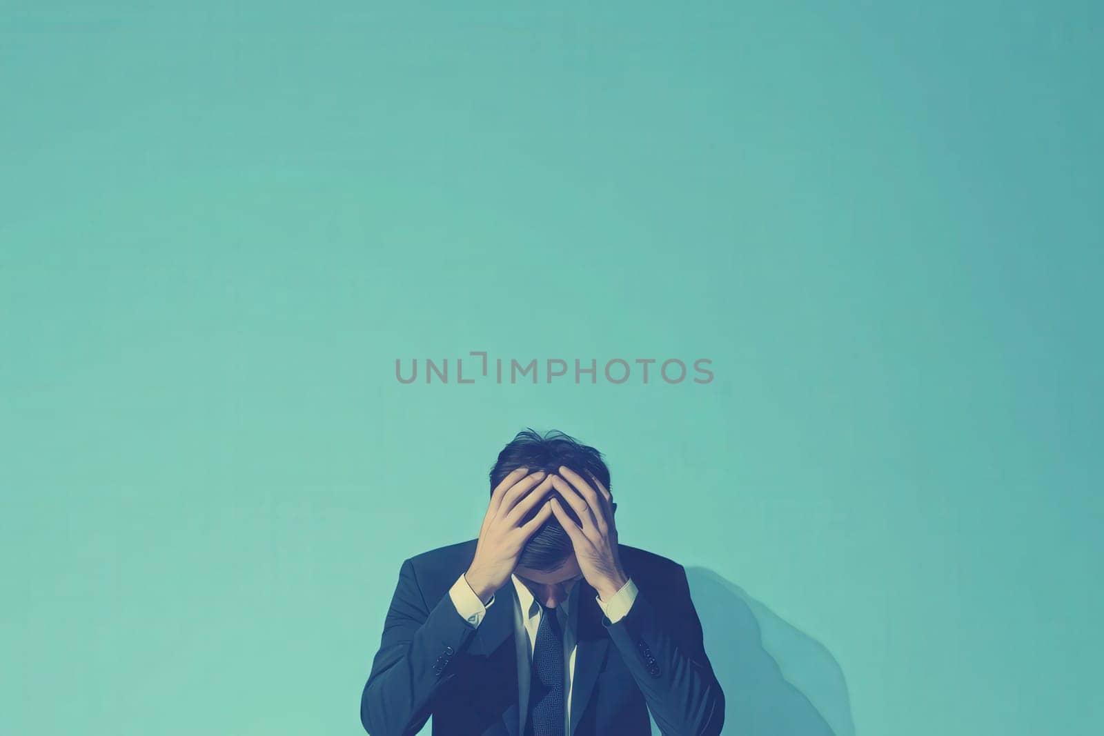 A worried investor sits with his hands on his head, expressing anxiety about financial decisions in a calm, minimalist office setting. The serene backdrop contrasts his visible distress.