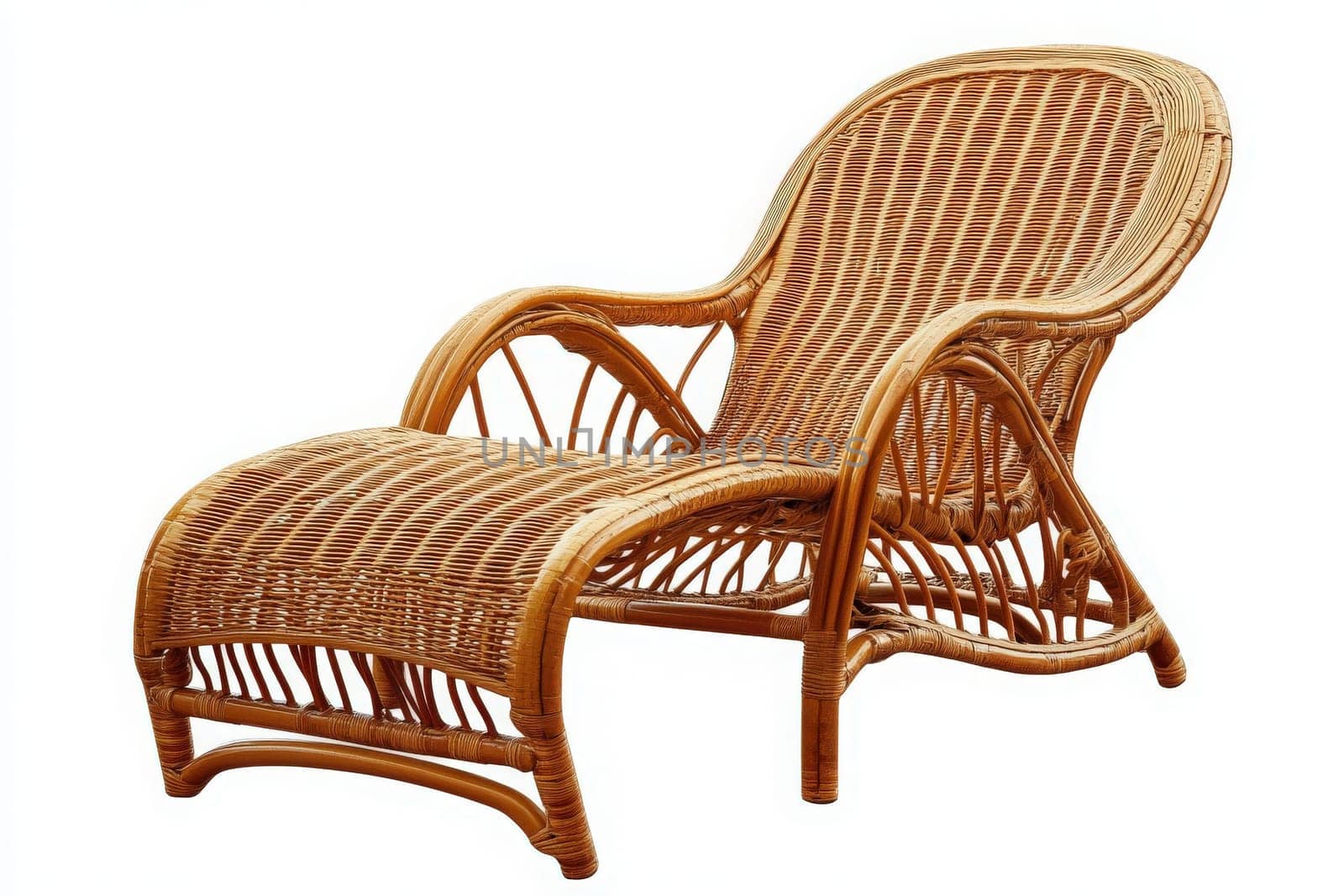 This outdoor lounge chair, crafted from wicker, is positioned centrally, inviting individuals to relax and unwind while enjoying the surrounding natural beauty and fresh air.