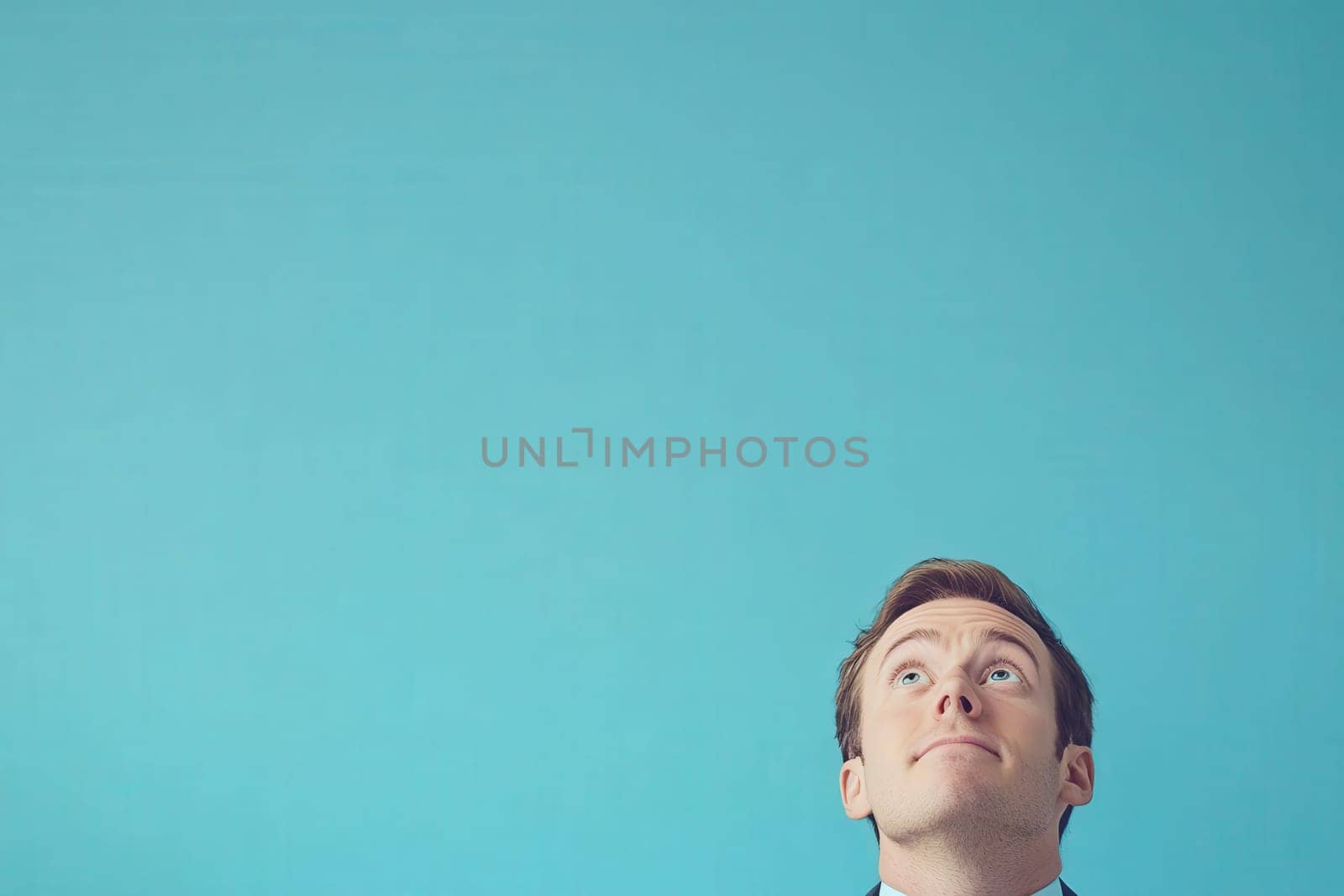 A trader appears panicked, glancing upward while surrounded by a clean solid backdrop. The expression indicates concern, typical of a high-stress trading environment.