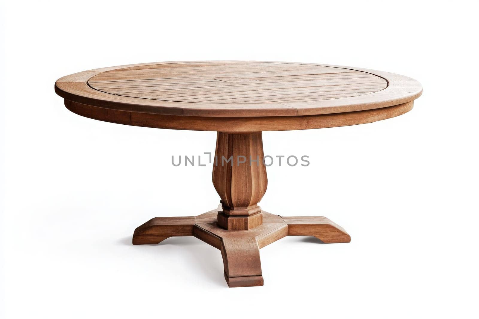 This rustic round wooden table is centrally placed in a bright outdoor space. Its smooth surface catches the sunlight, creating a warm and inviting atmosphere perfect for gatherings or meals.