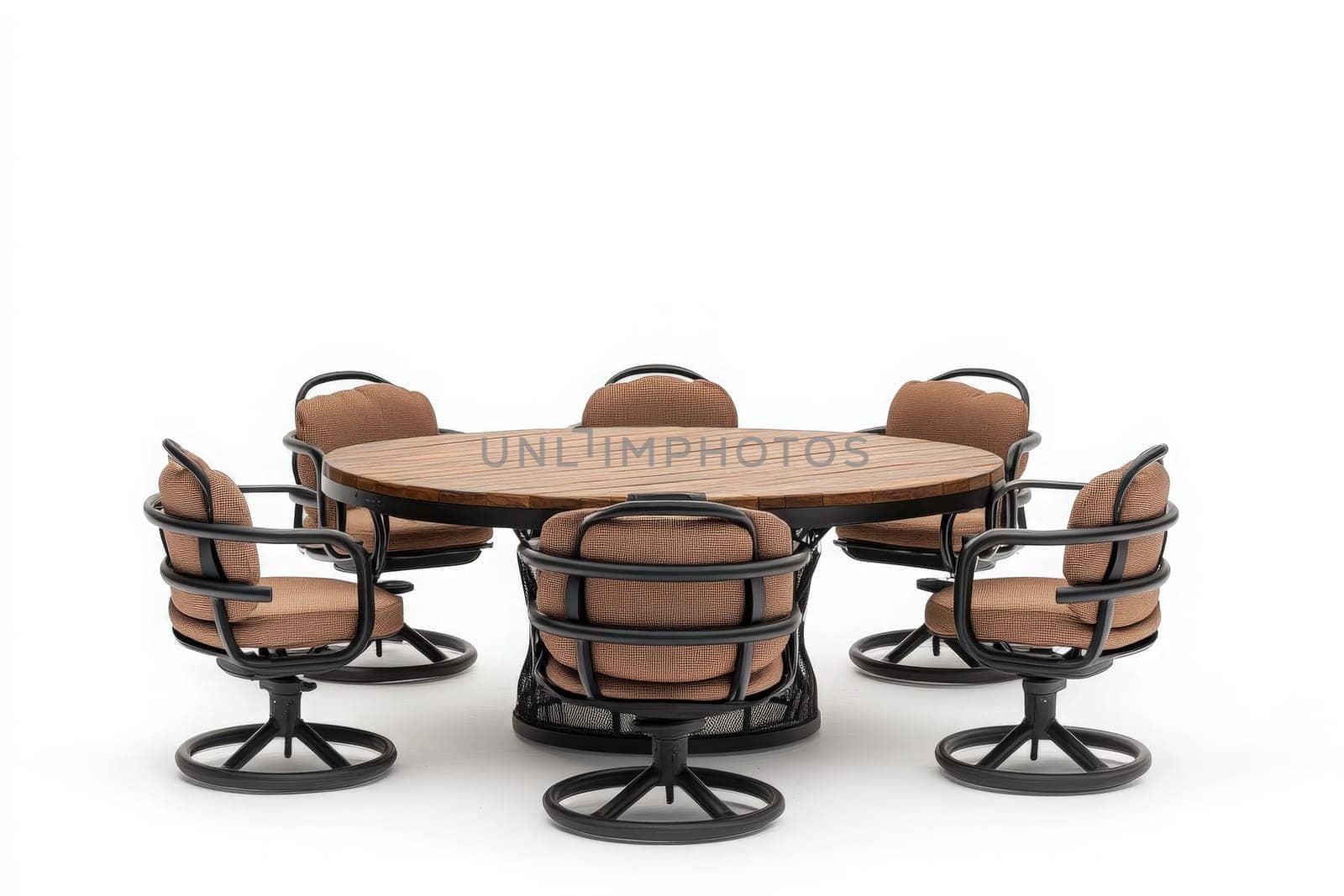 This outdoor dining set includes a round wooden table surrounded by six cushioned swivel chairs, perfect for enjoying meals outdoors in a tranquil environment.