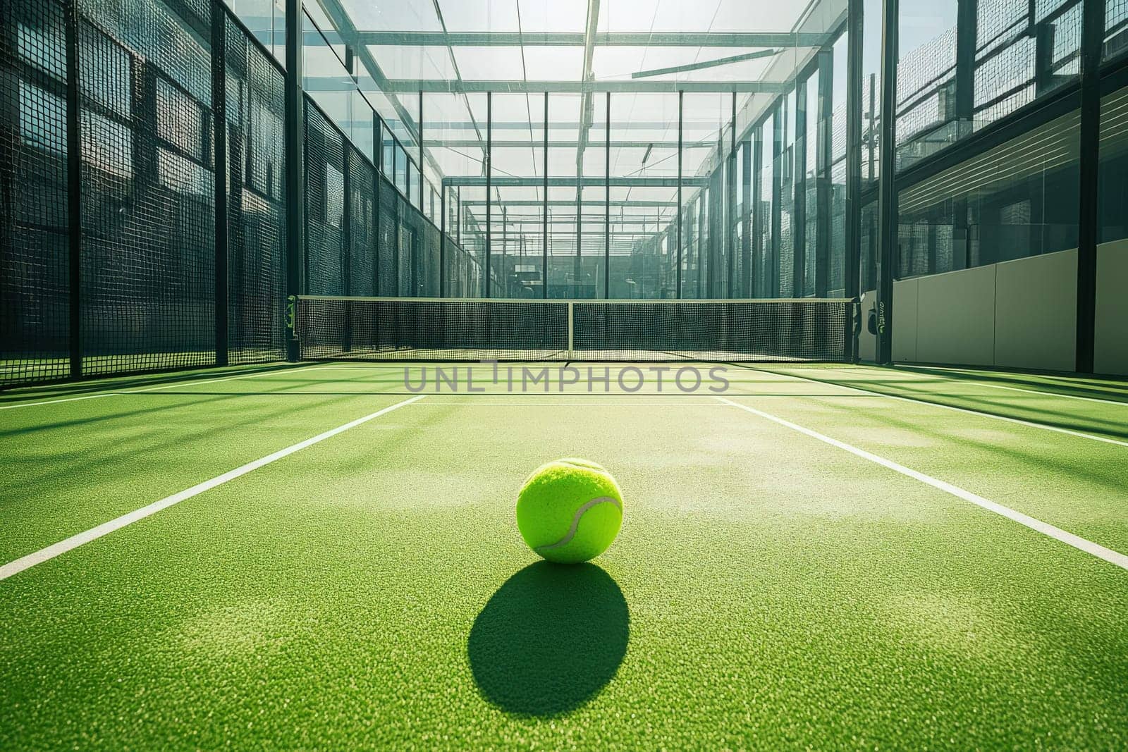 A padel game strategy board is positioned on a pristine green playing surface, featuring a bright yellow ball placed centrally. The well-lit court enhances visibility for players.
