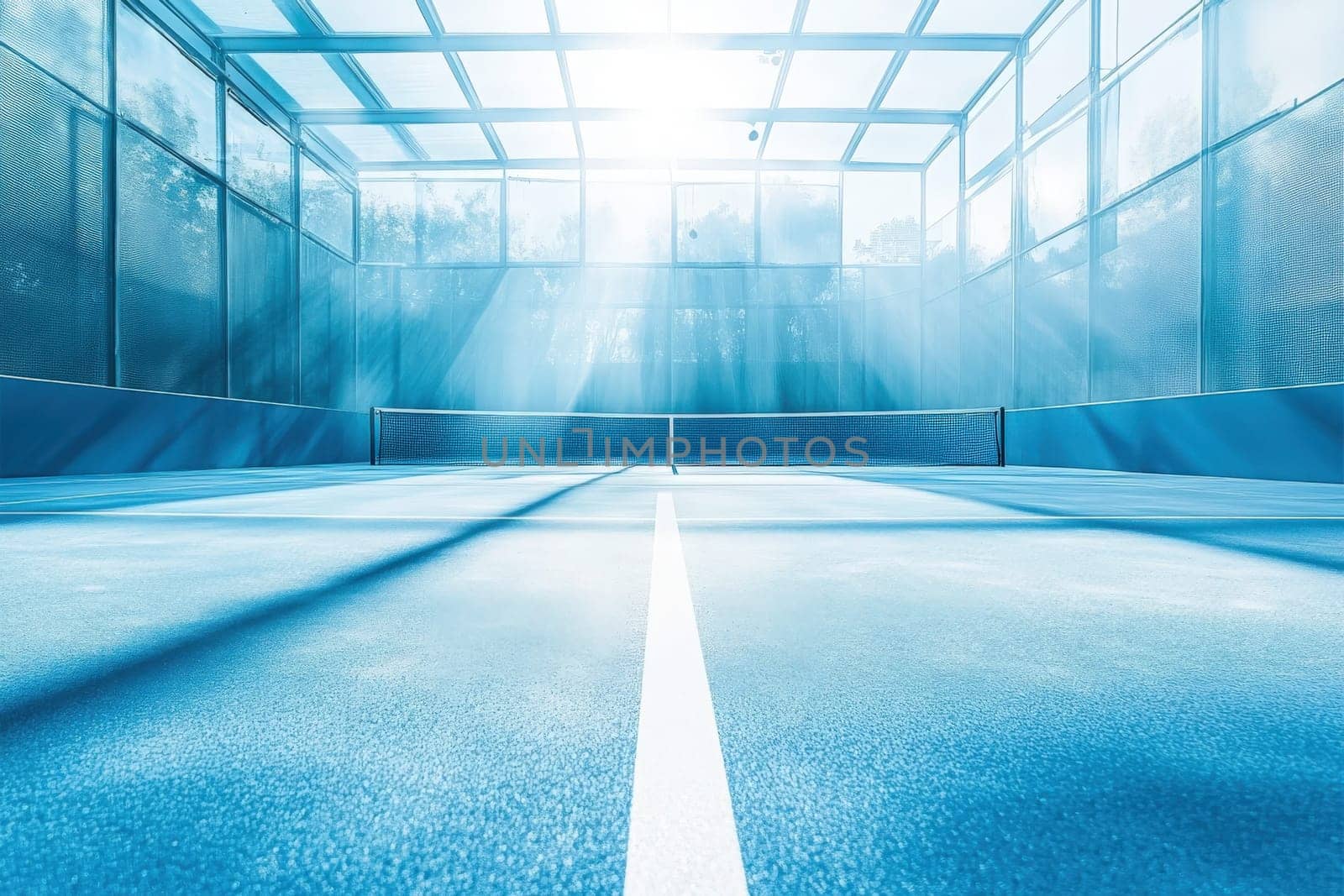 A padel court bathed in sunlight showcases a clean, inviting surface ideal for play. The bright atmosphere encourages friendly matches or practice sessions in a vibrant environment.