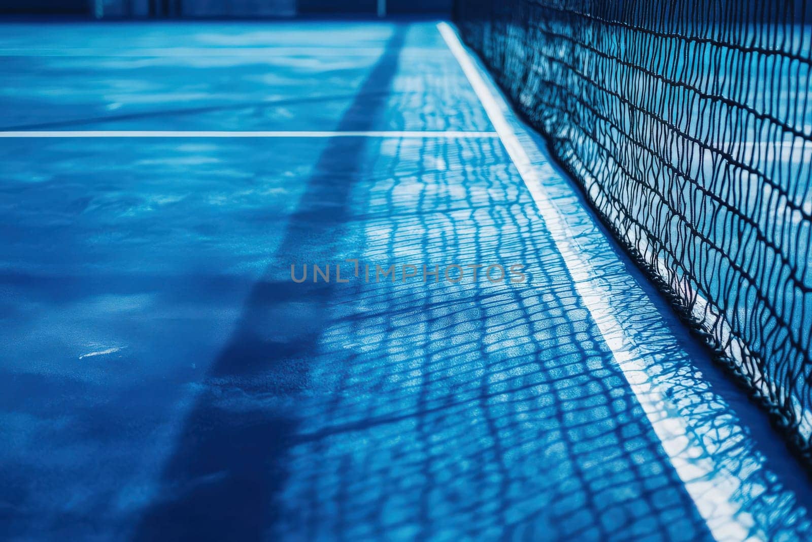 The padel net is positioned against a vibrant blue court, showcasing a well-maintained playing surface and crisp white lines. The nets shadow adds depth to the scene.