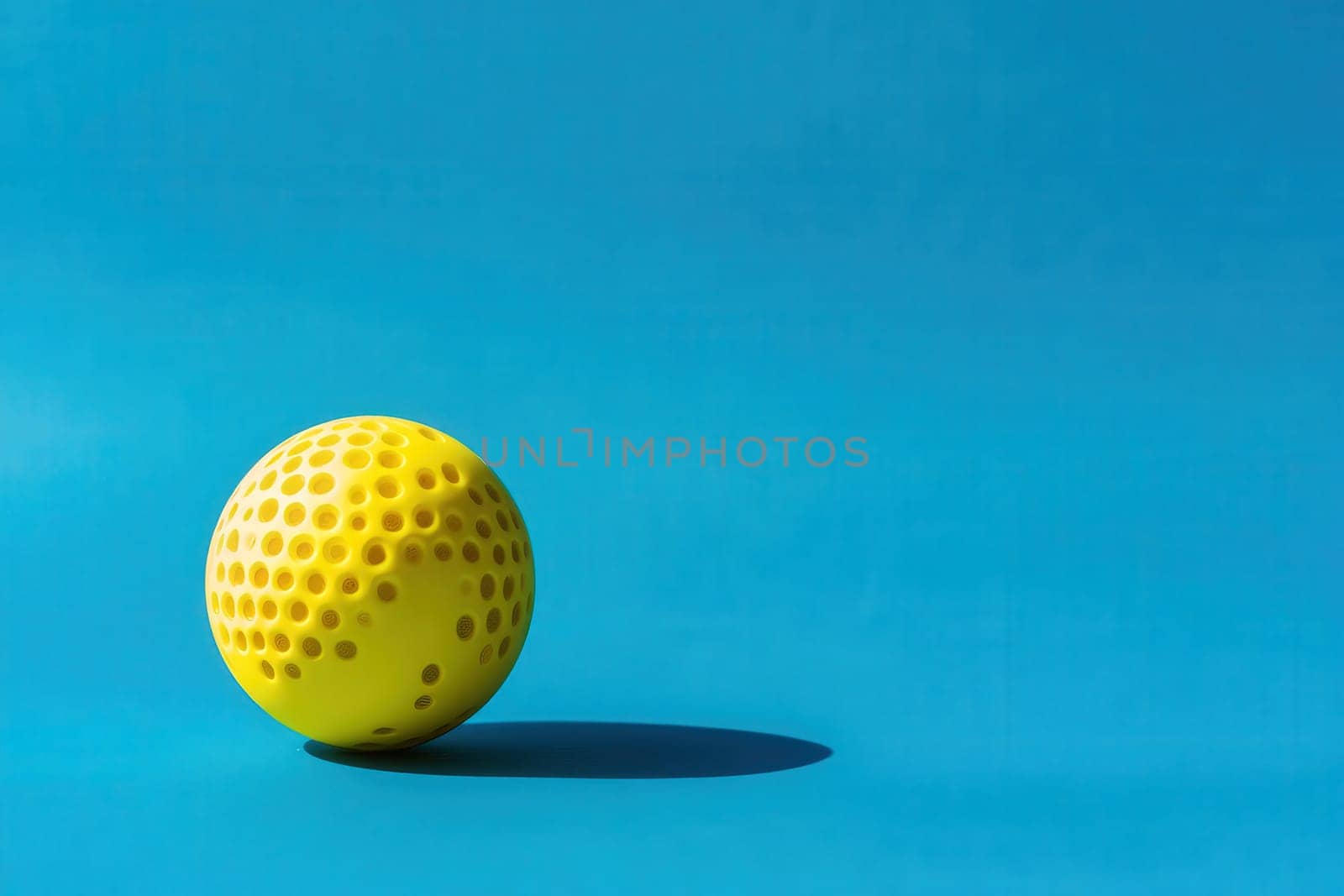 This vibrant yellow padel ball is positioned on a clean blue background, showcasing its distinctive perforated design and shadow, emphasizing its role in the dynamic sport of padel.
