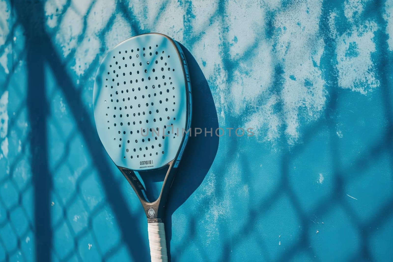 A strategy board for padel game analysis displays a racquet against a solid blue backdrop. The clean surface emphasizes the tool used for tactical assessments in the sport.