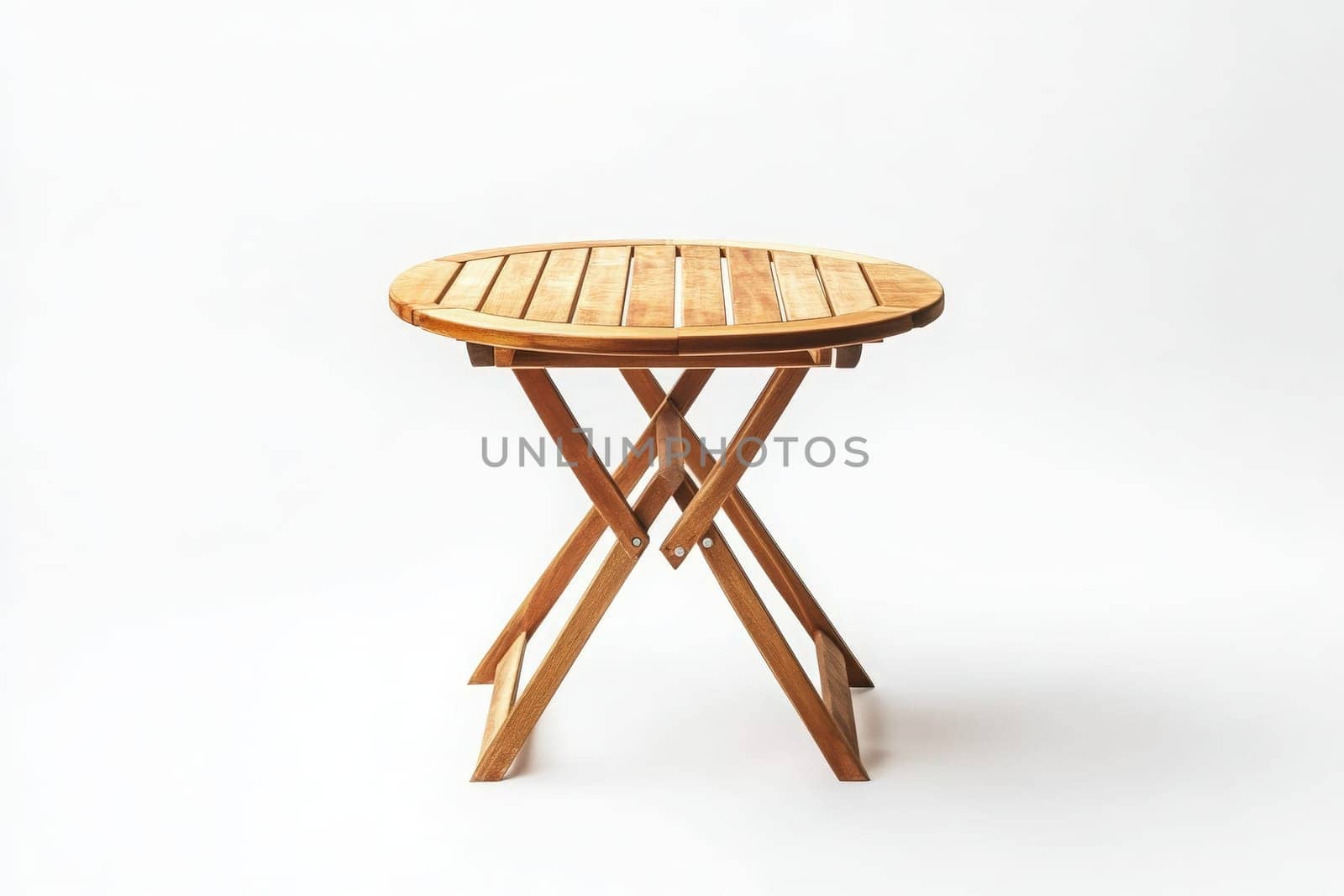 The wooden patio table is neatly isolated in the center, showcasing its simple design and craftsmanship against a bright background, ideal for outdoor gatherings or decor.