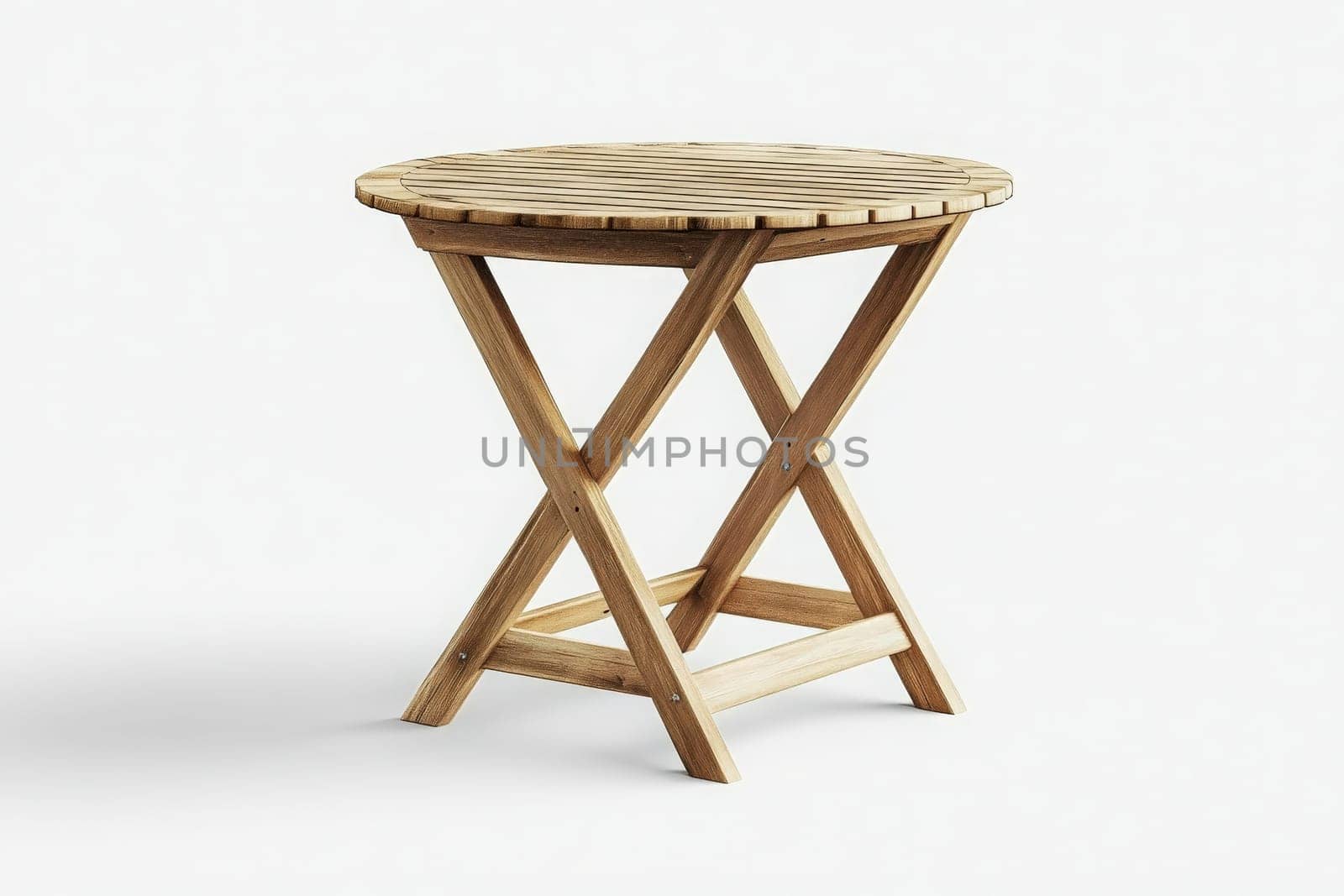 A round wooden patio table stands alone, showcasing its simple design. Ideal for outdoor dining, it invites gatherings and relaxation in a sunlit environment.