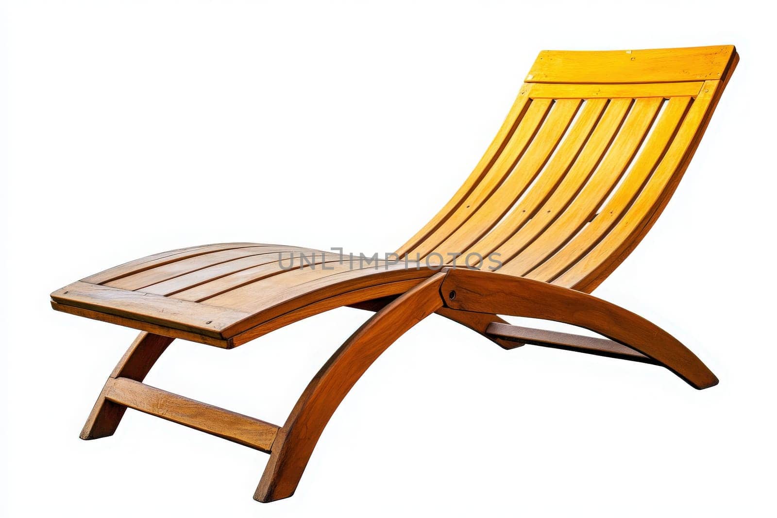 A stylish outdoor lounge chair sits alone, inviting relaxation on a warm sunny day. Its smooth wooden slats and curved design enhance comfort, perfect for enjoying nature.