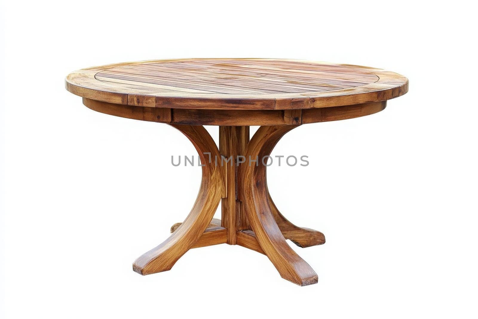 A circular wooden patio table stands isolated at the center, perfect for outdoor dining and socializing. Its sturdy design and natural finish enhance any garden or terrace setting.