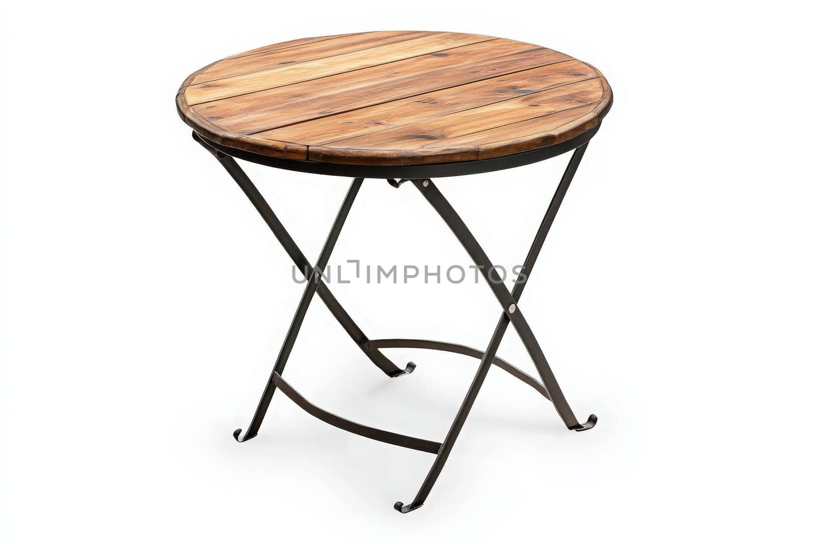 A round patio table made of wood sits alone in a sparse environment, showcasing its rustic charm. The tables design combines elegance with functionality, perfect for outdoor gatherings.