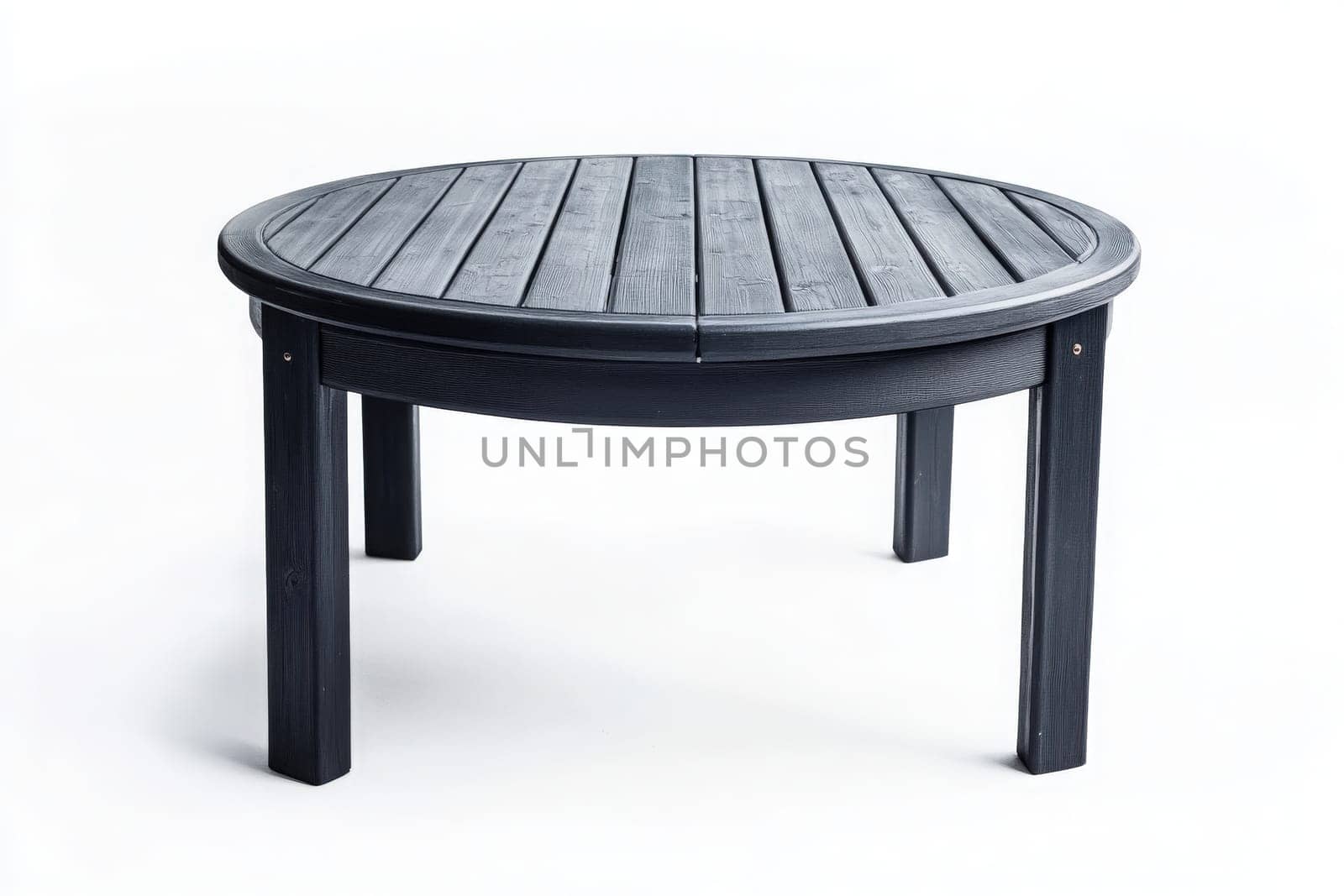 The solitary round black wooden patio table is showcased, emphasizing its sleek design and sturdy build, ideal for outdoor living spaces and gatherings during pleasant weather.