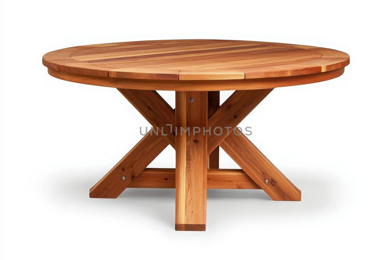 A rustic wooden patio table, designed for outdoor settings, stands prominently in the center, inviting social gatherings or relaxed dining experiences under the open sky.