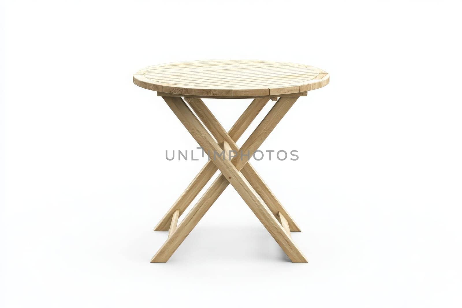 A wooden patio table stands alone in the center, showcasing its clean lines and natural finish. Ideal for outdoor gatherings, it brings a touch of rustic charm to any setting.