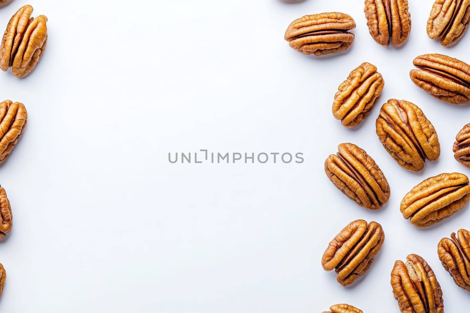 Various pecans are thoughtfully arranged on a clean white surface, highlighting their rich texture and color. This arrangement emphasizes the natural beauty of these flavorful nuts.