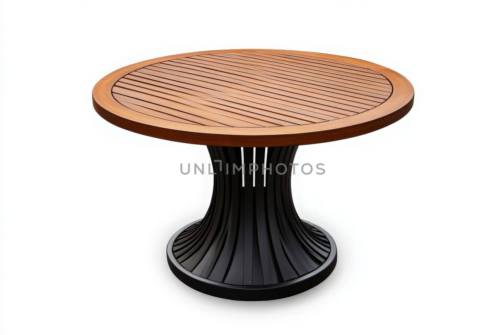 A beautifully designed patio table stands alone, showcasing a sleek wooden surface and a modern base. Perfect for al fresco dining or casual gatherings, this table enhances any outdoor setting.