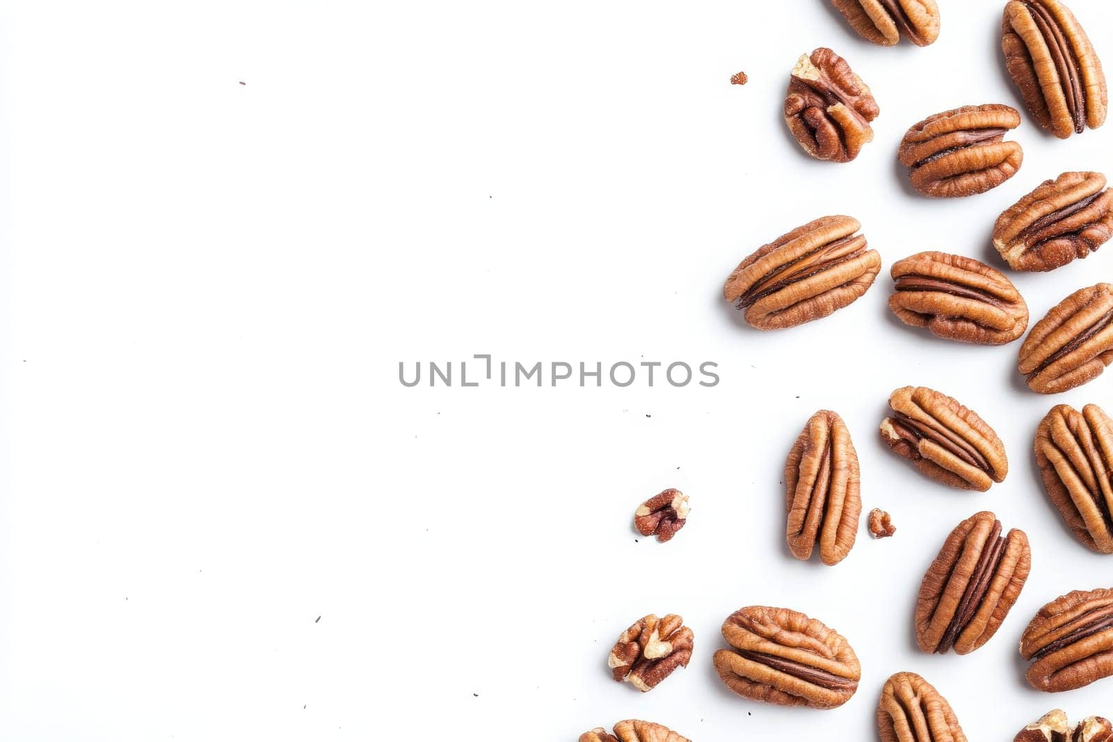 These pecans are arranged haphazardly on a bright background, showcasing their smooth surface and unique shapes. Their rich brown color adds a touch of warmth to the composition.