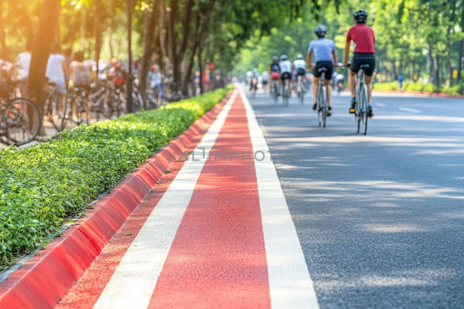 A group of young millennials enjoys a leisurely bike ride under the bright sun, traveling along a well-maintained cycling path surrounded by greenery and trees in a vibrant park.