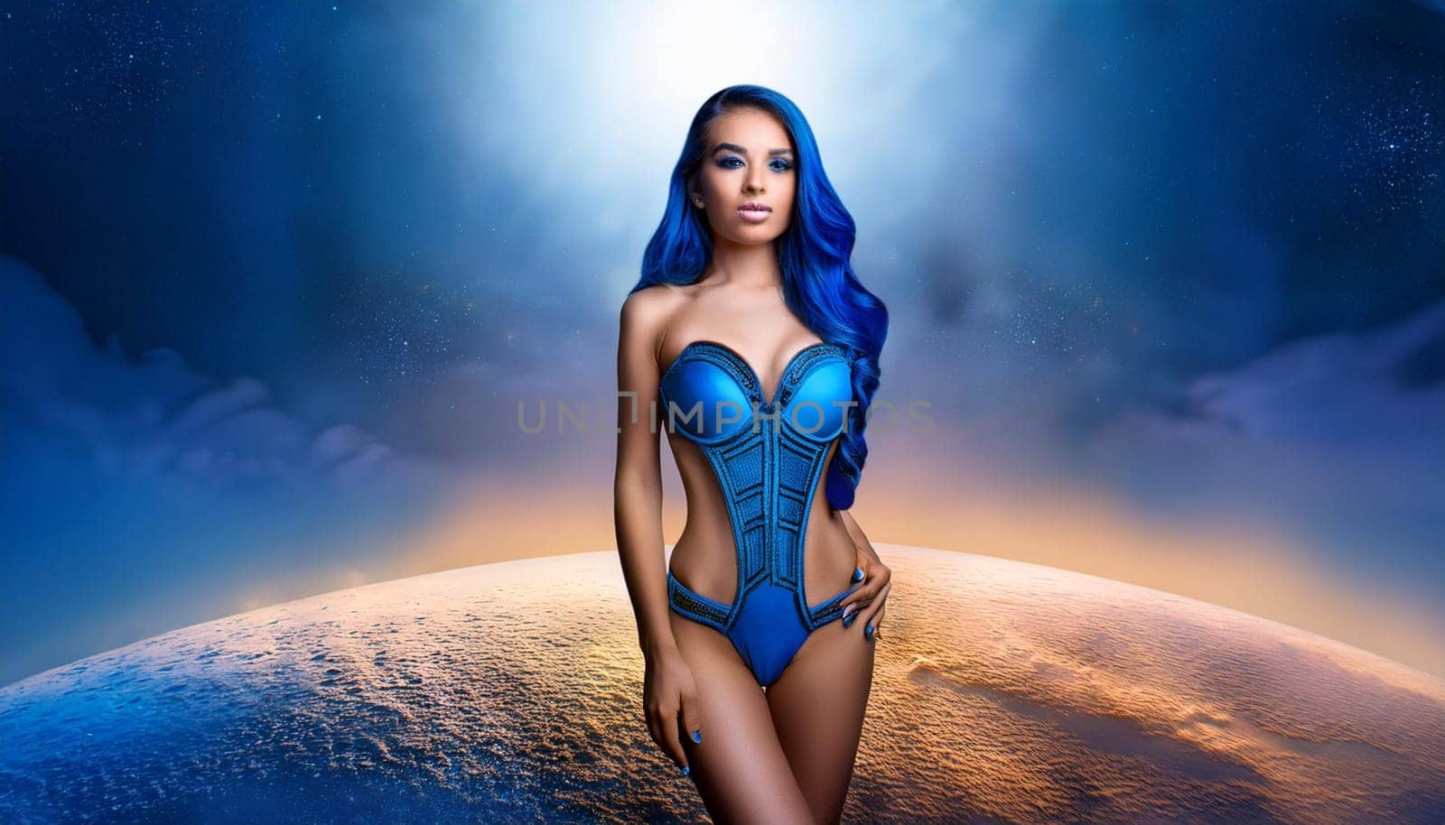 pretty young alien woman in blue dress and hairs, AI generated image