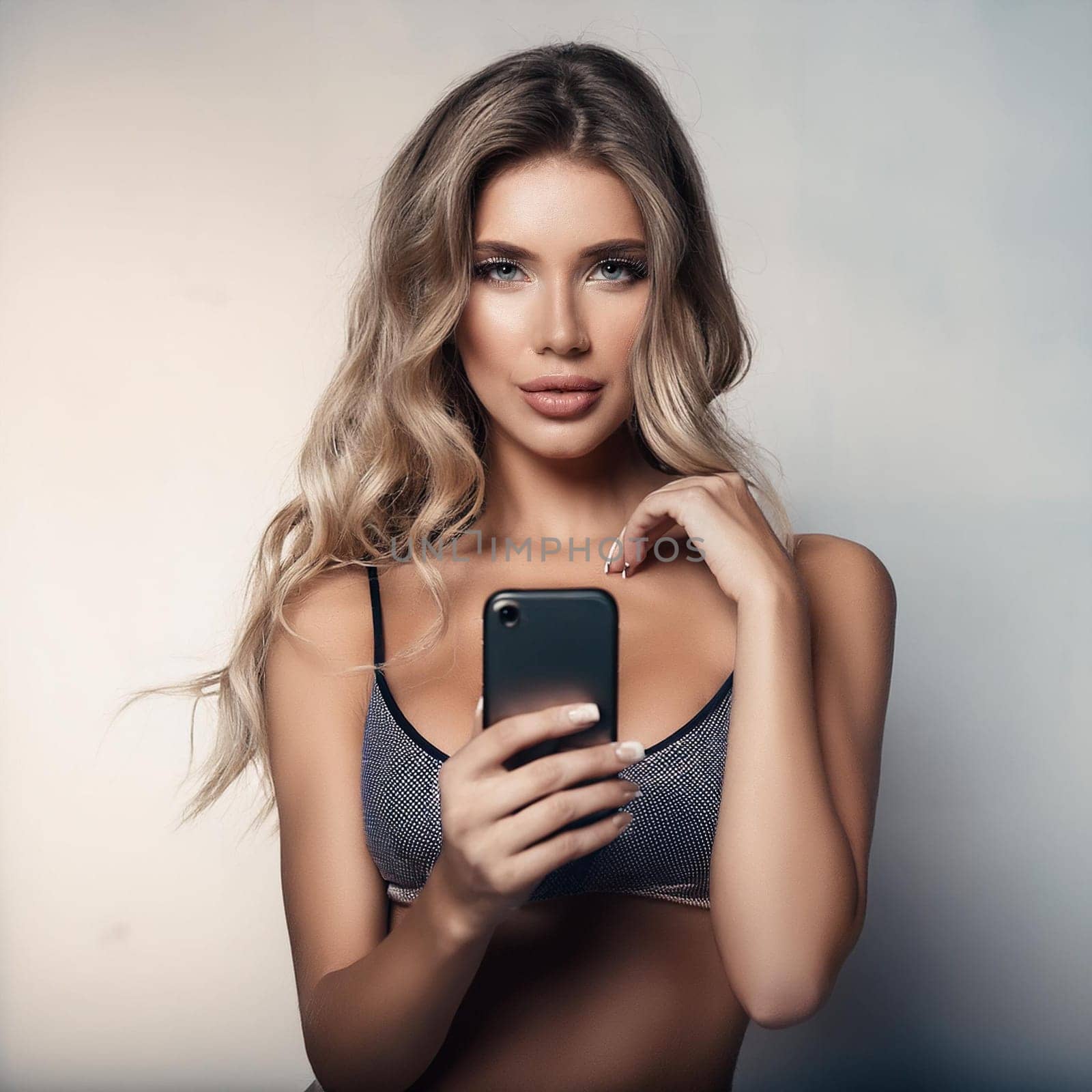 gorgeous young female influencer taking selfie, AI generated image