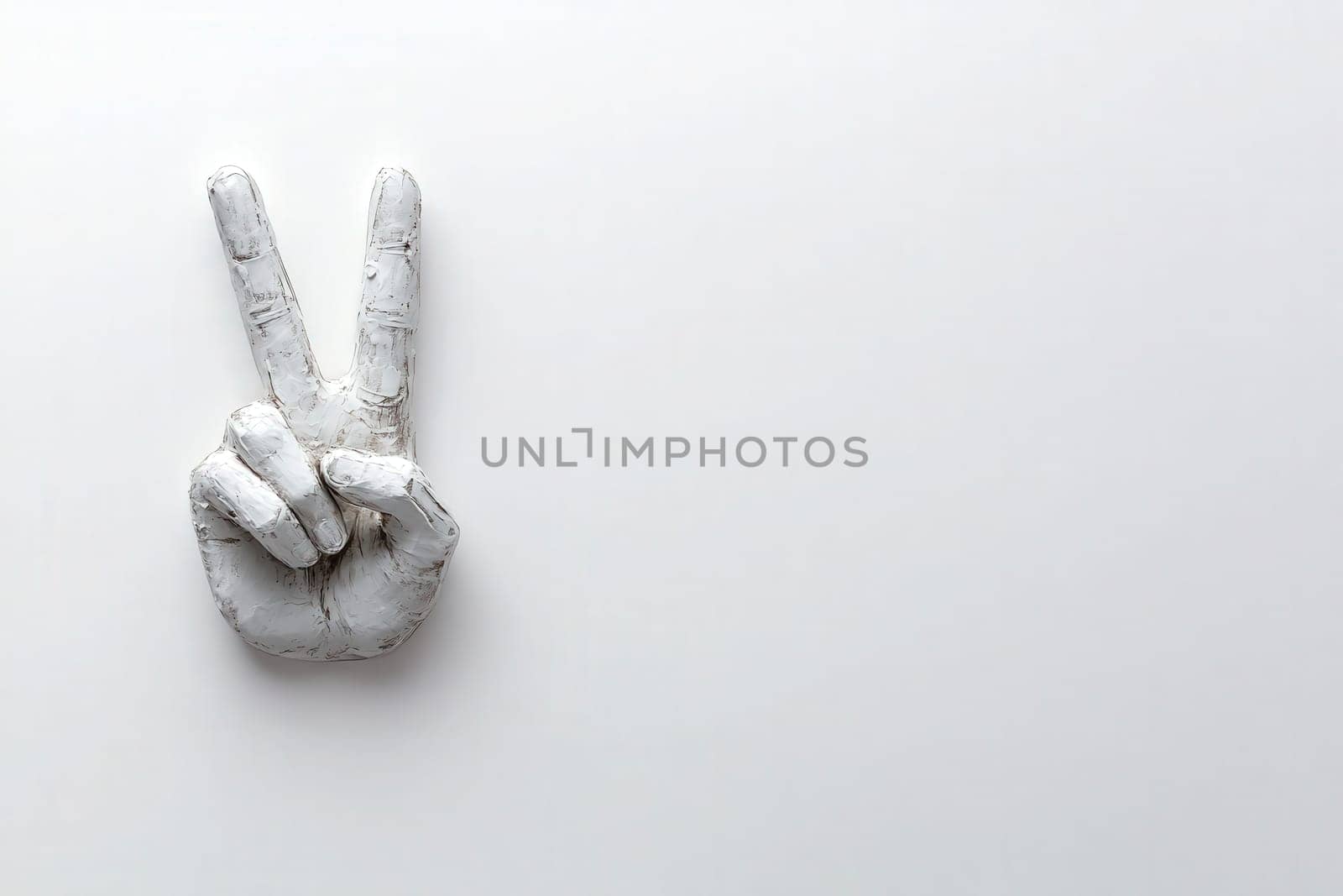 A sculpted hand making the iconic peace sign appears prominently against a clean white background. This symbol conveys a message of tranquility and harmony in a minimalist style.