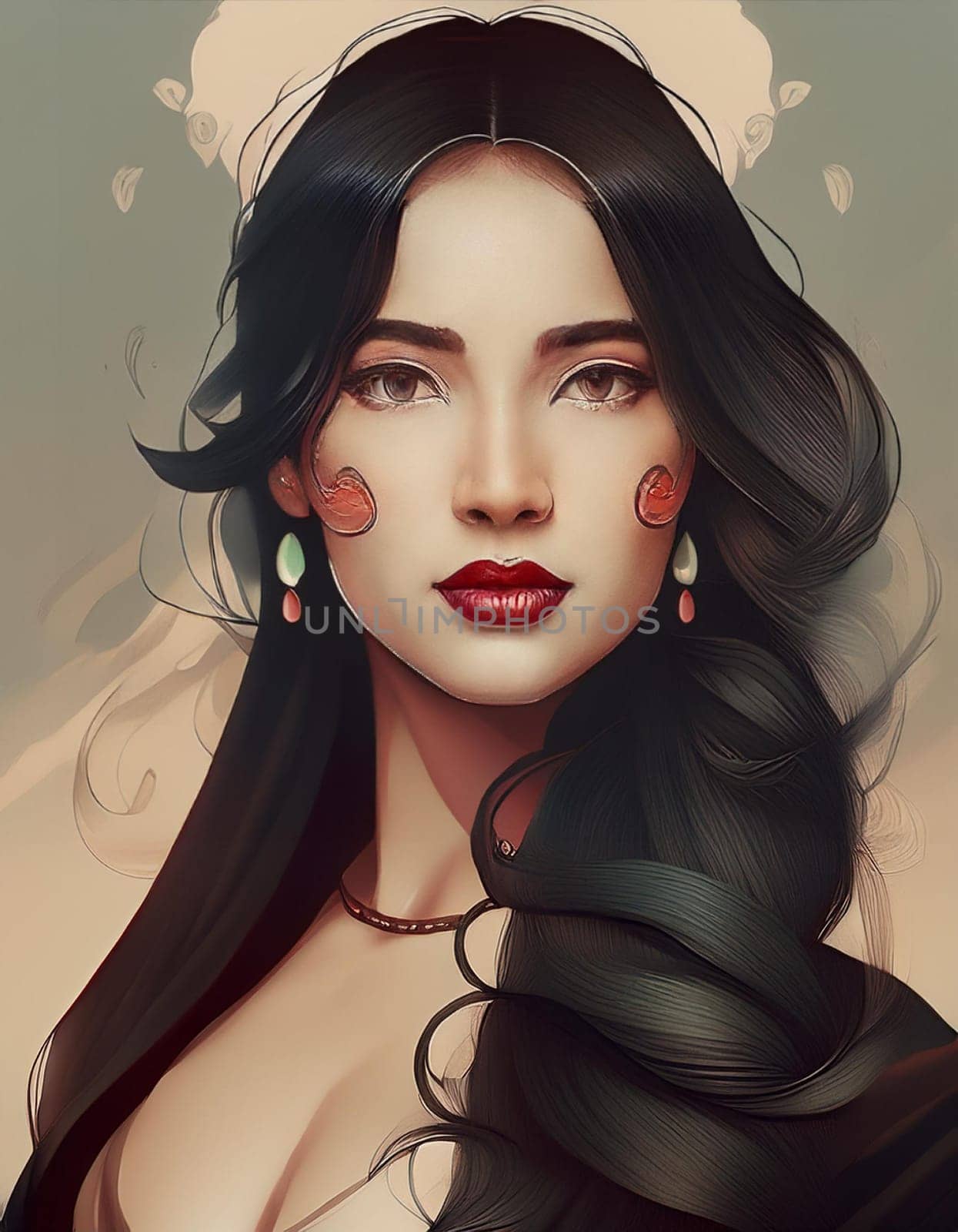 pretty young woman portrait illustration, AI generated image