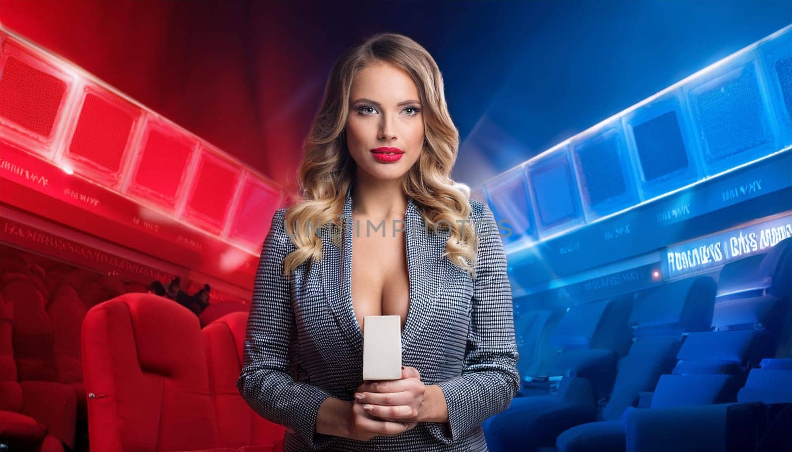 gorgeous female journalist in news tv studio, AI generated image